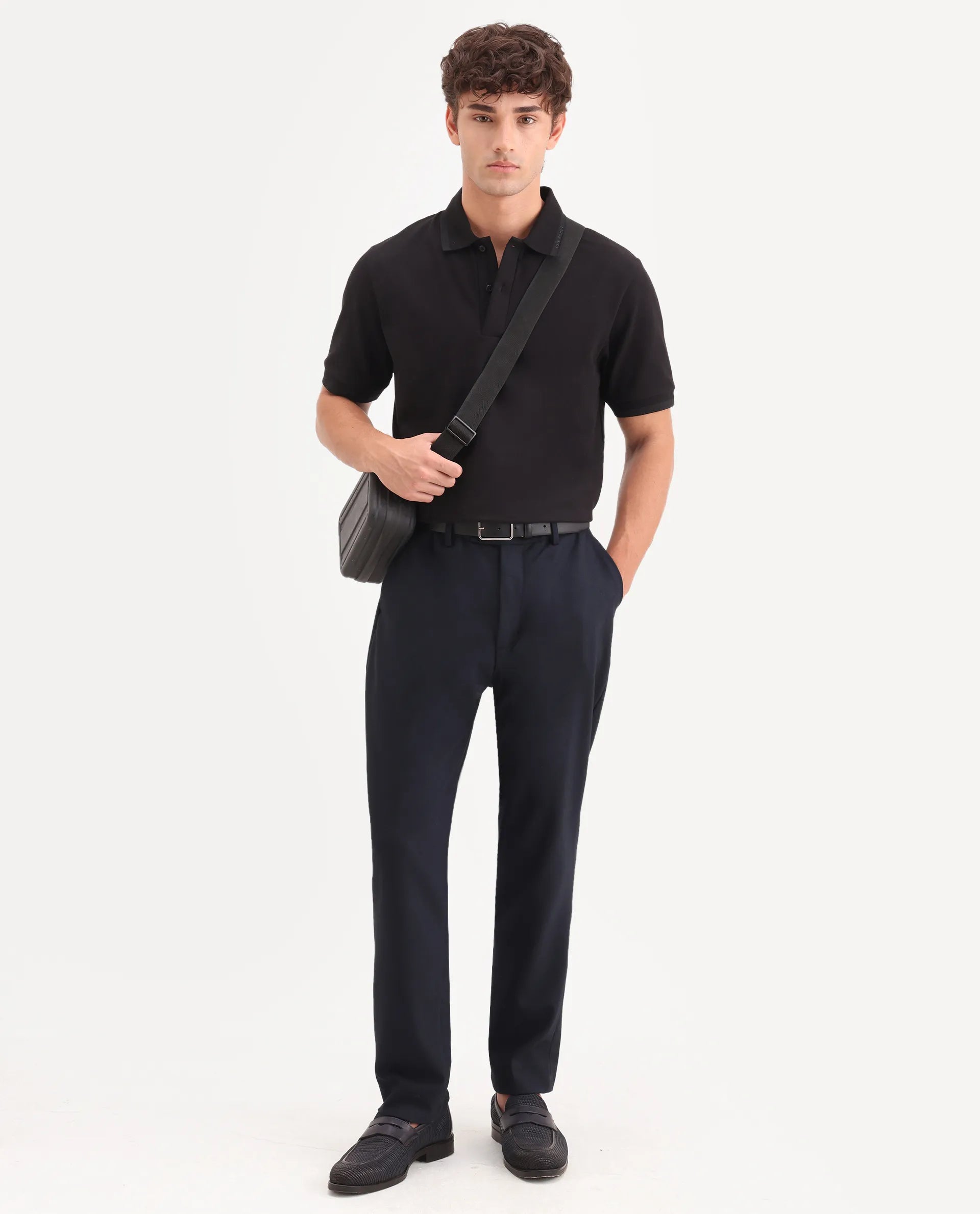 Rare Rabbit Men's Clak Black Cotton Blend Fabric Half Sleeve Spread Collar Regular Fit Plain Polo