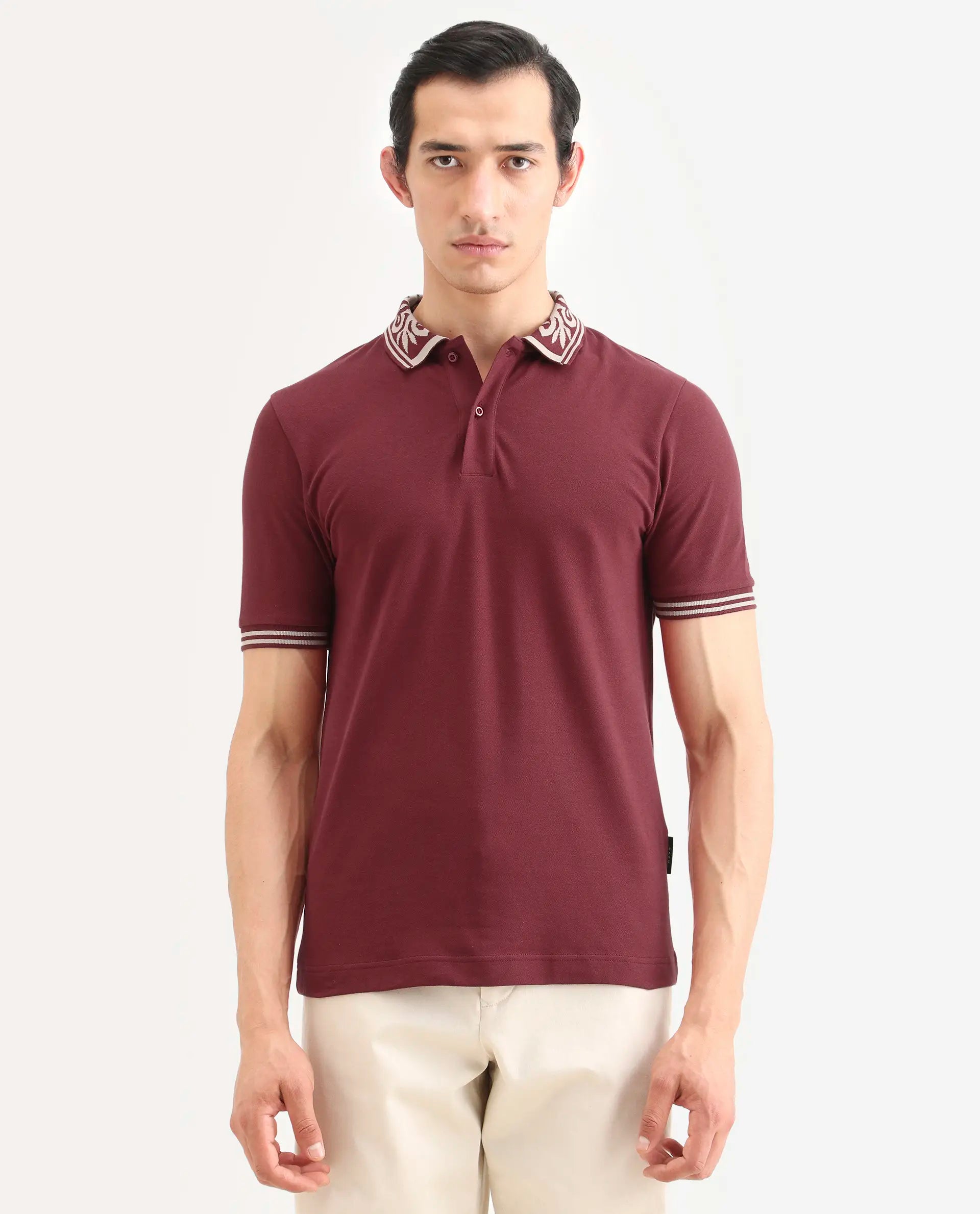 Rare Rabbit Men's Axeo Red Cotton Blend Fabric Spread Collar Regular Fit Plain Polo