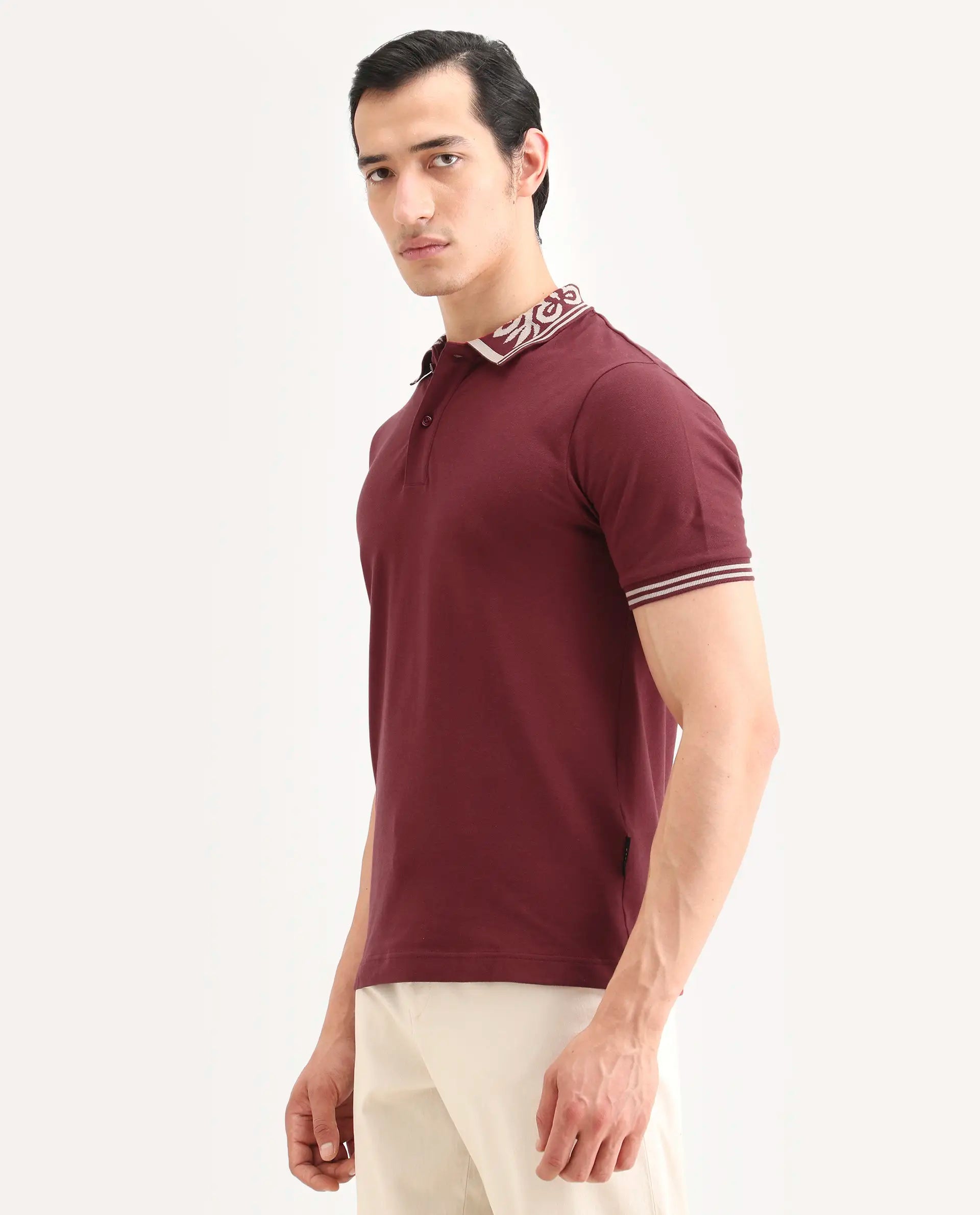 Rare Rabbit Men's Axeo Red Cotton Blend Fabric Spread Collar Regular Fit Plain Polo