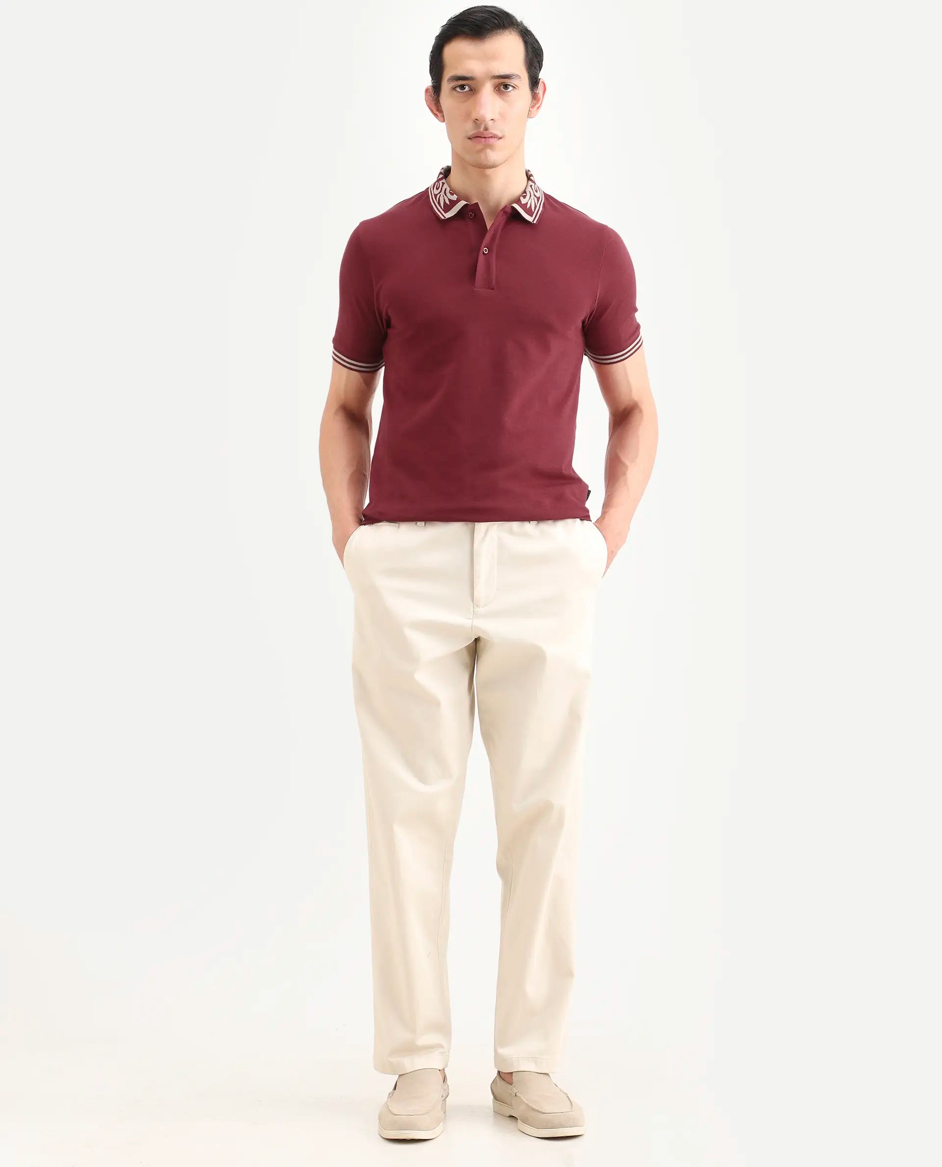 Rare Rabbit Men's Axeo Red Cotton Blend Fabric Spread Collar Regular Fit Plain Polo