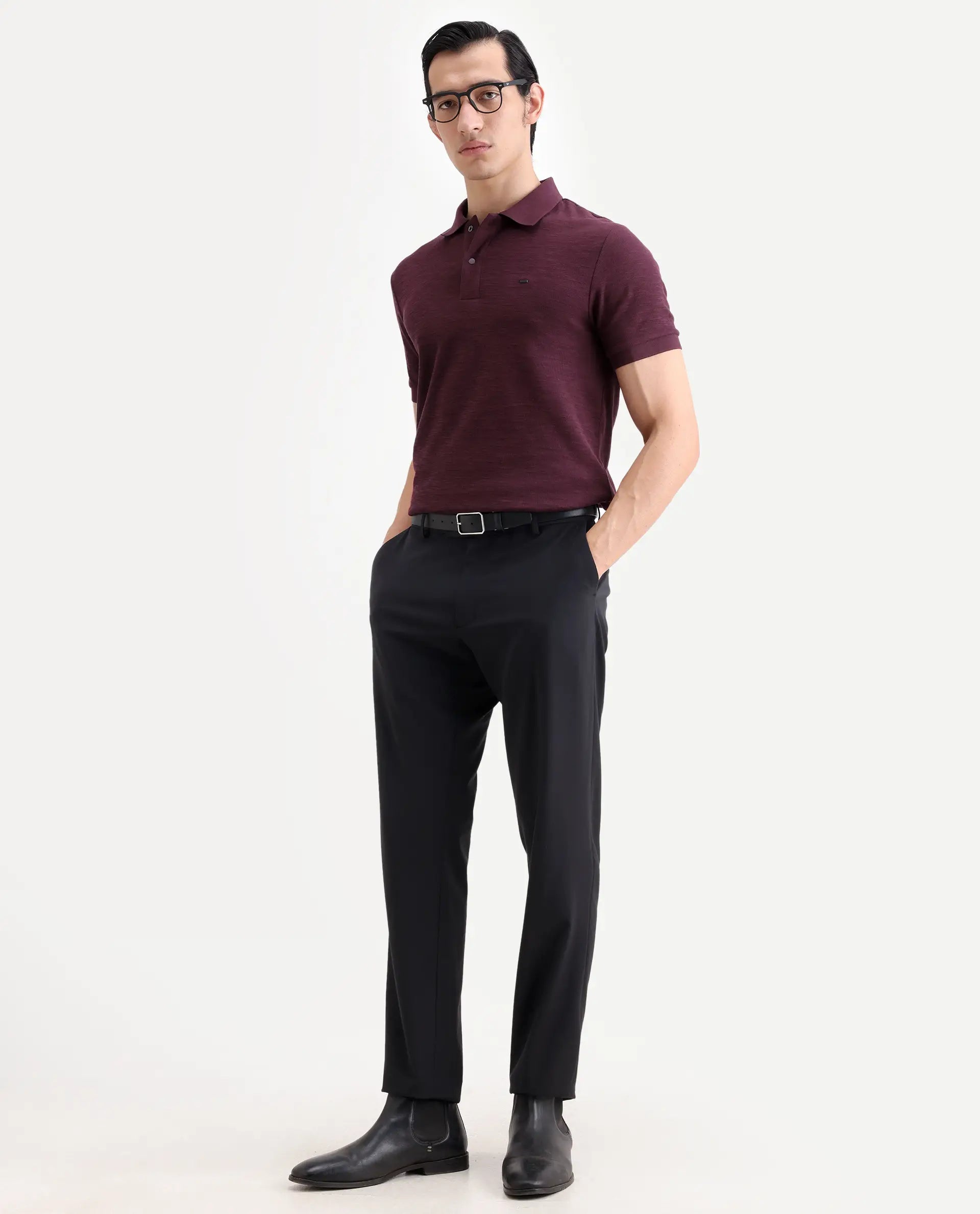 Rare Rabbit Men's Caro Maroon Cotton Fabric Spread Collar Regular Fit Plain Polo