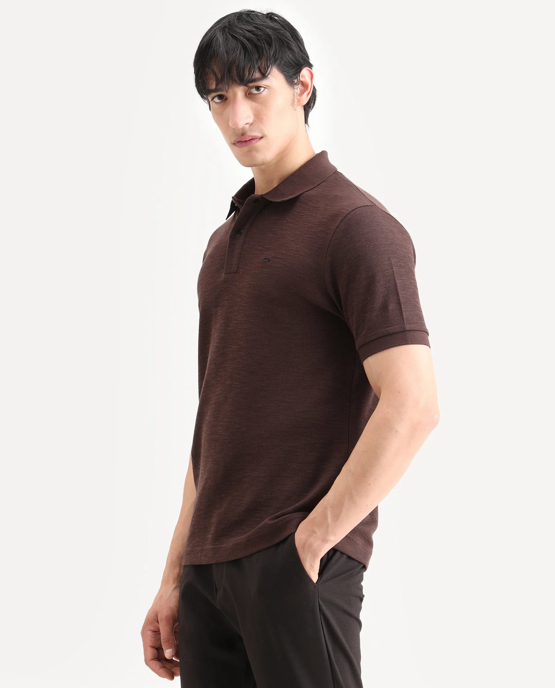 Rare Rabbit Men's Caro Brown Cotton Fabric Spread Collar Regular Fit Plain Polo