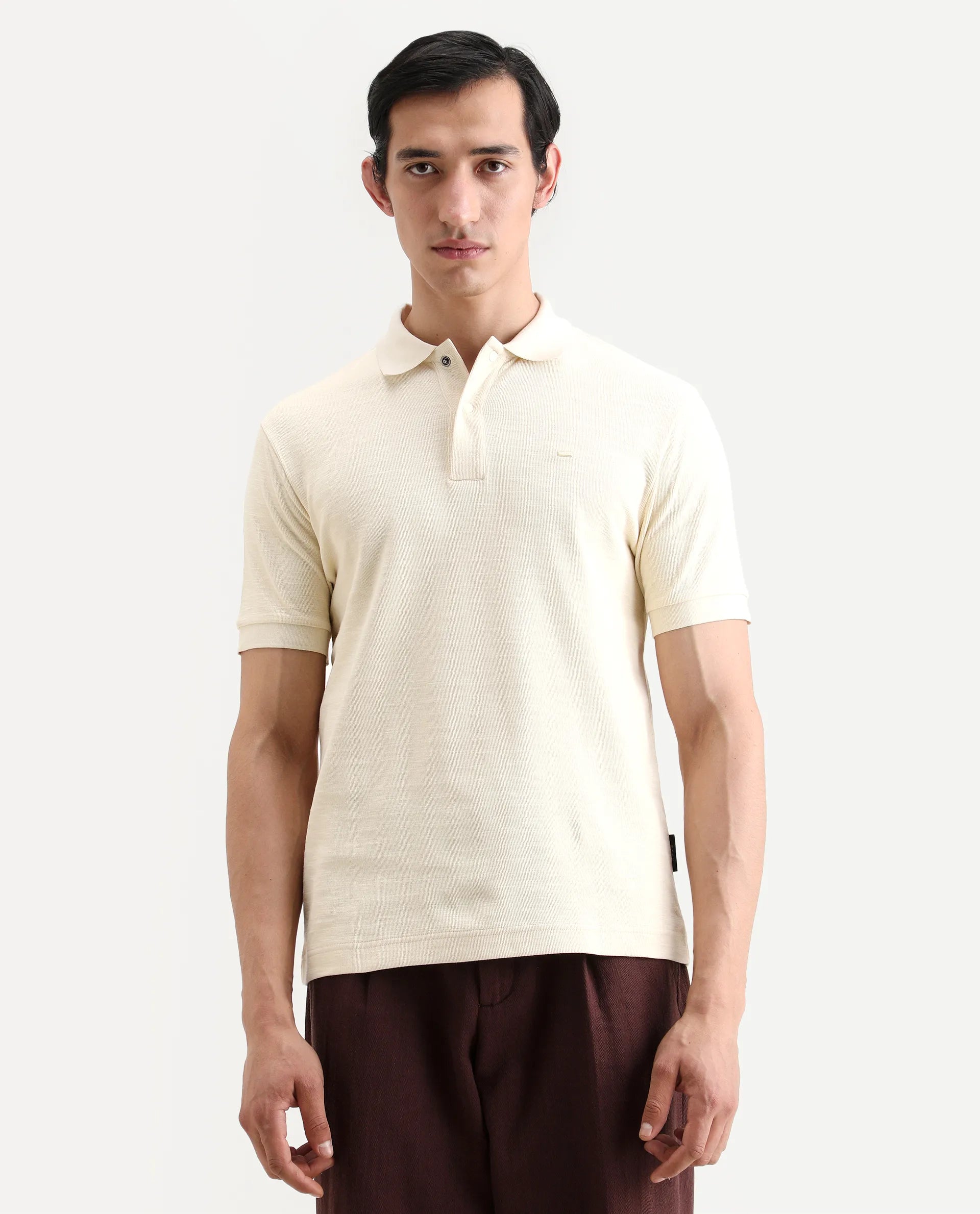 Rare Rabbit Men's Caro Pastel Yellow Cotton Fabric Spread Collar Regular Fit Plain Polo