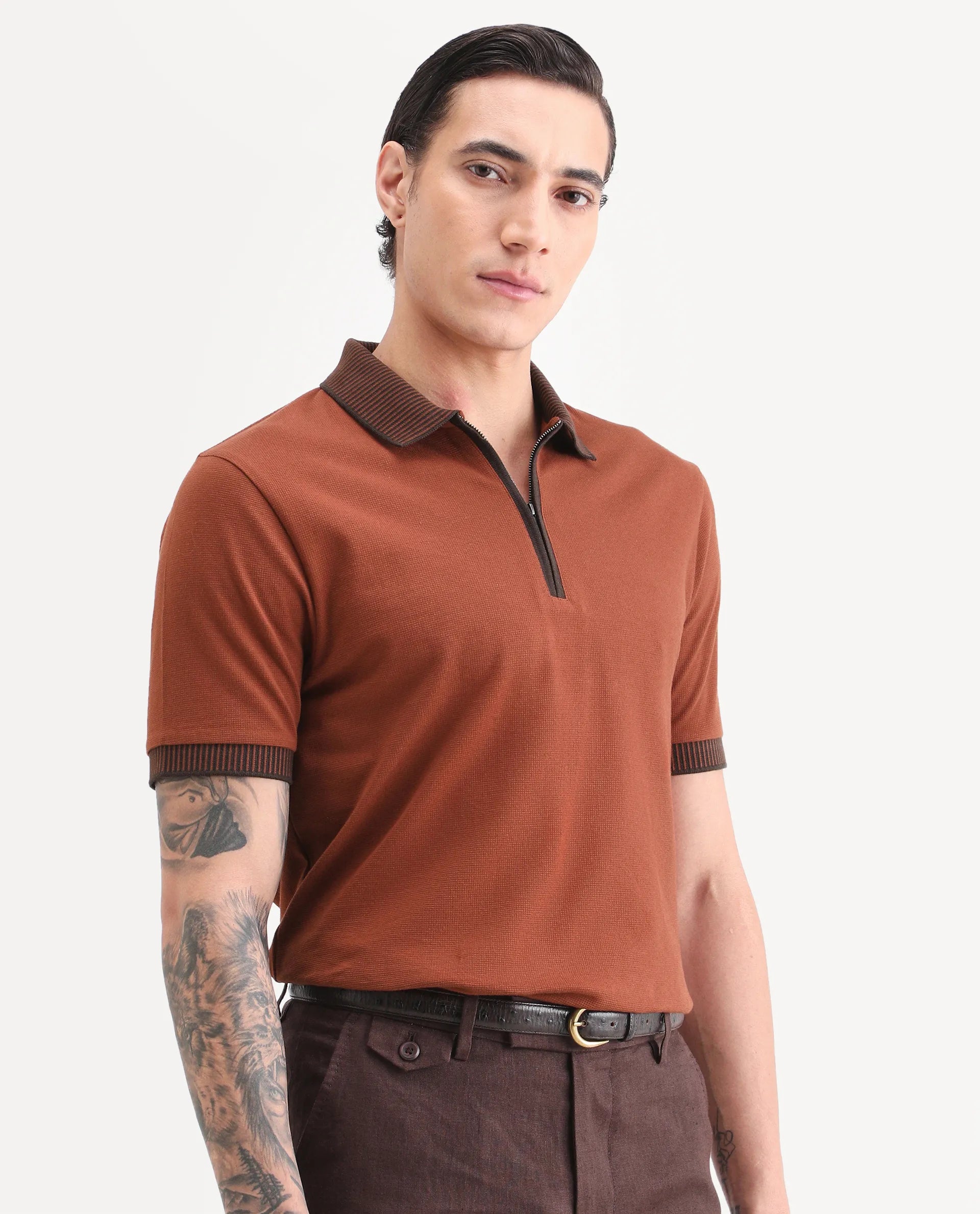 Rare Rabbit Men's Trij Rust Cotton Blend Fabric Spread Collar Regular Fit Plain Polo