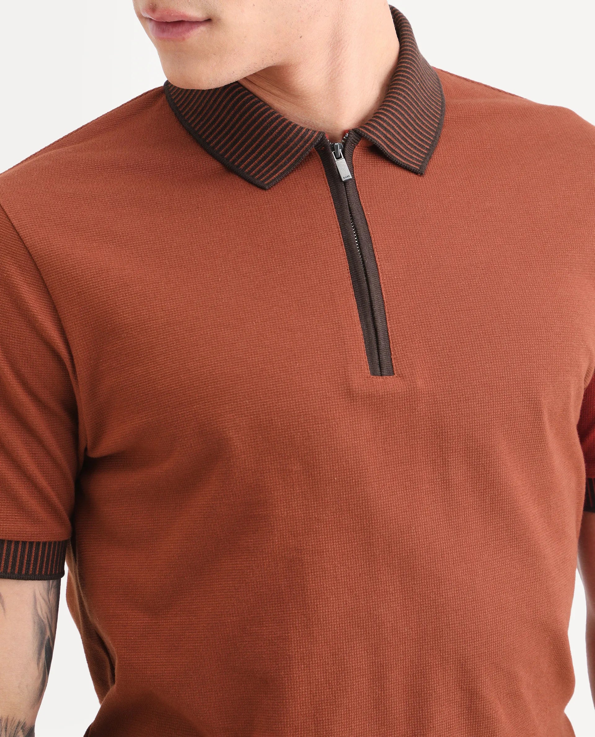Rare Rabbit Men's Trij Rust Cotton Blend Fabric Spread Collar Regular Fit Plain Polo