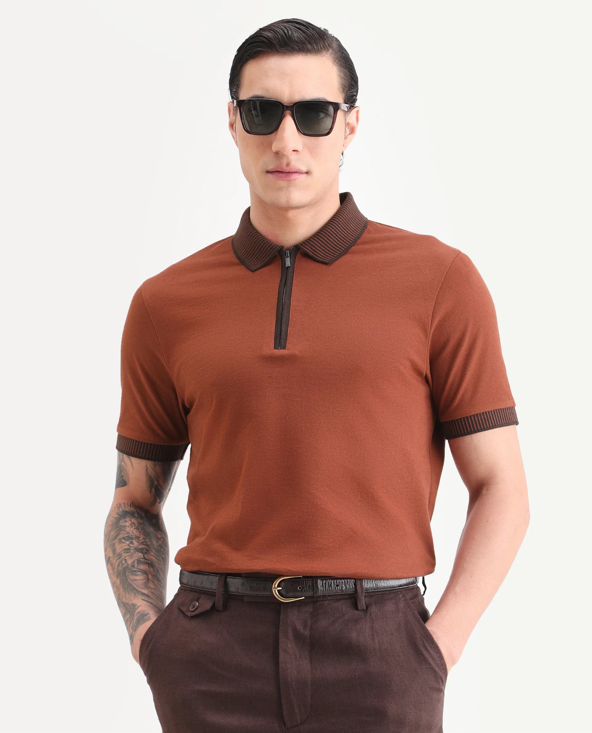 Rare Rabbit Men's Trij Rust Cotton Blend Fabric Spread Collar Regular Fit Plain Polo