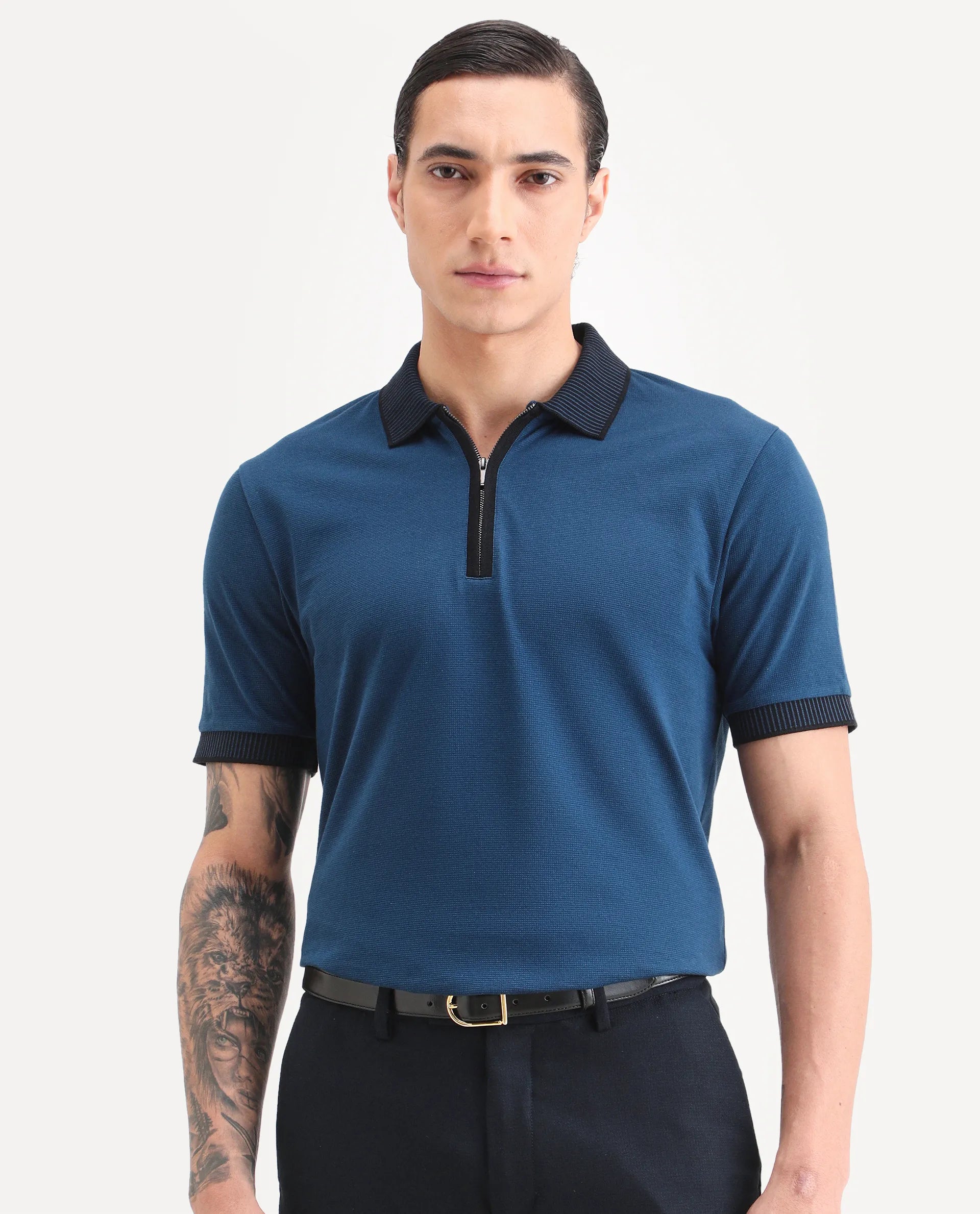 Rare Rabbit Men's Trij Blue Cotton Blend Fabric Spread Collar Regular Fit Plain Polo