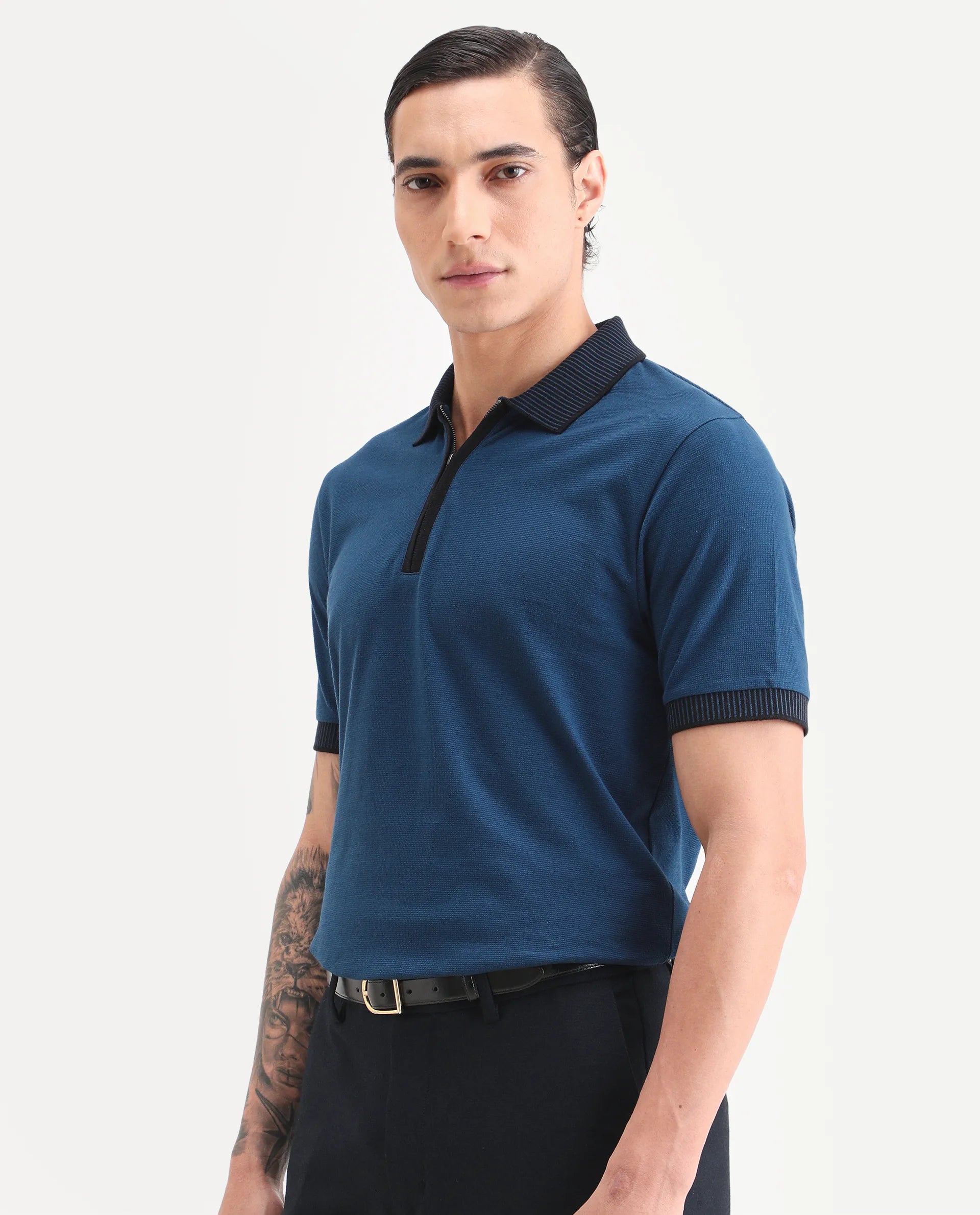 Rare Rabbit Men's Trij Blue Cotton Blend Fabric Spread Collar Regular Fit Plain Polo