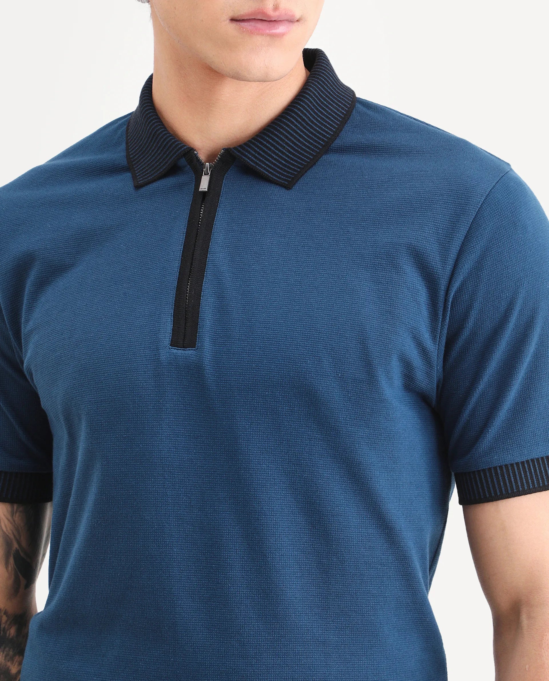Rare Rabbit Men's Trij Blue Cotton Blend Fabric Spread Collar Regular Fit Plain Polo