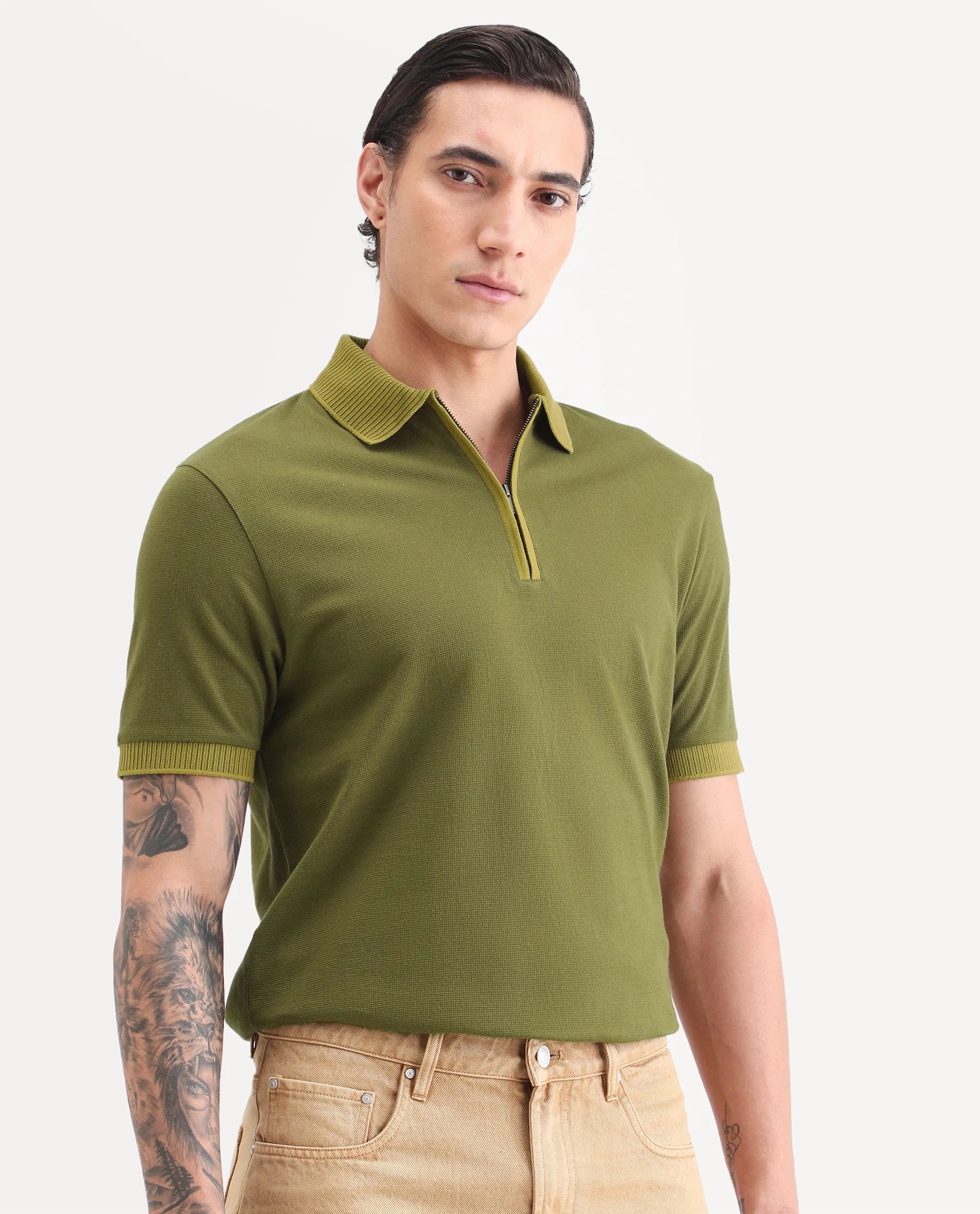 Rare Rabbit Men's Trij Olive Cotton Blend Fabric Spread Collar Regular Fit Plain Polo