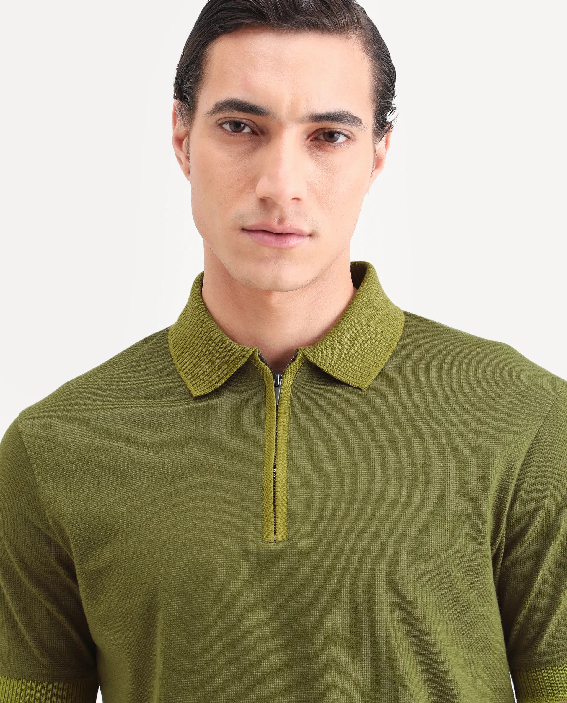 Rare Rabbit Men's Trij Olive Cotton Blend Fabric Spread Collar Regular Fit Plain Polo