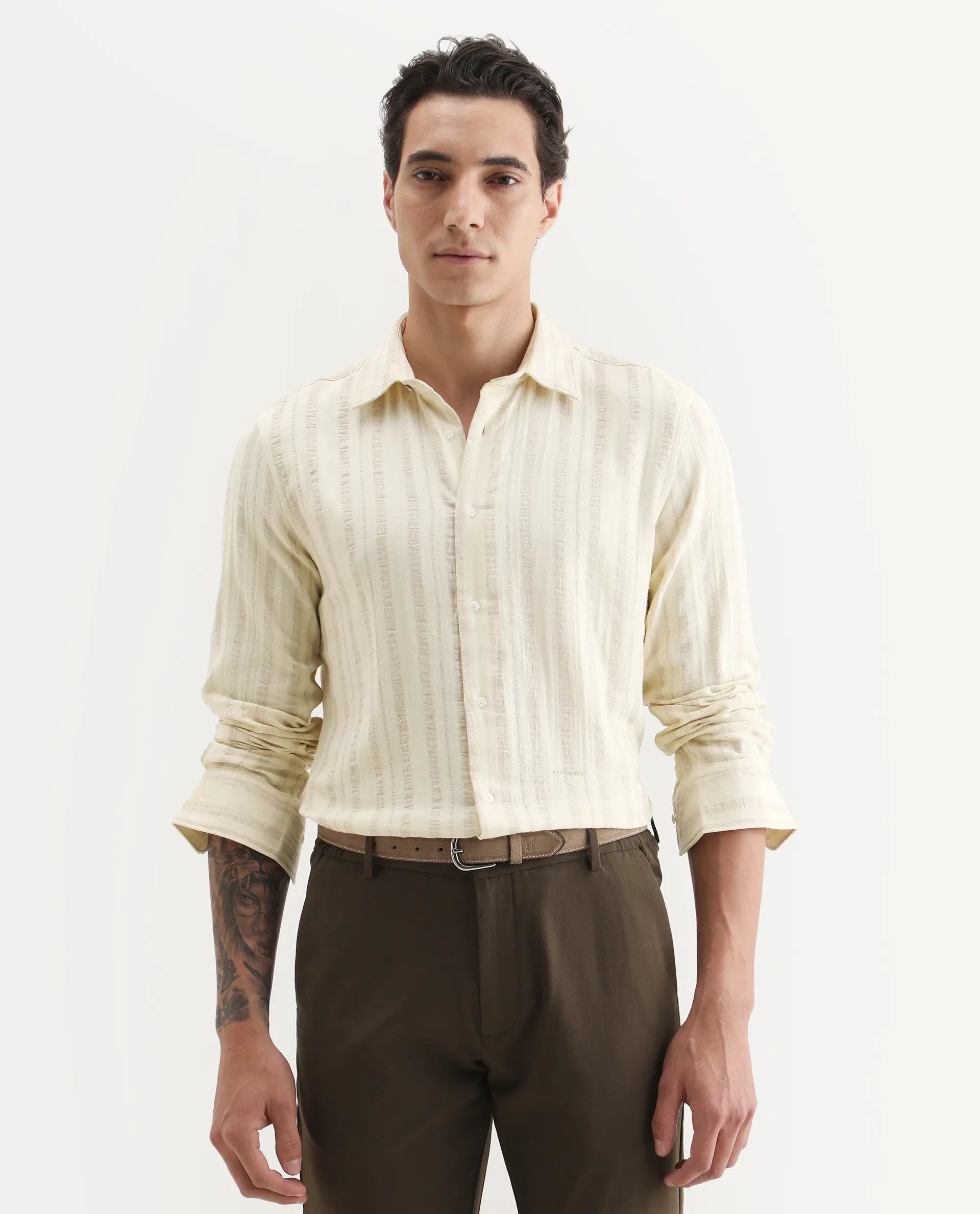 Rare Rabbit Men's Avno Light Yellow Cotton Fabric Full Sleeve Spread Collar Regular Fit Striped Shirt
