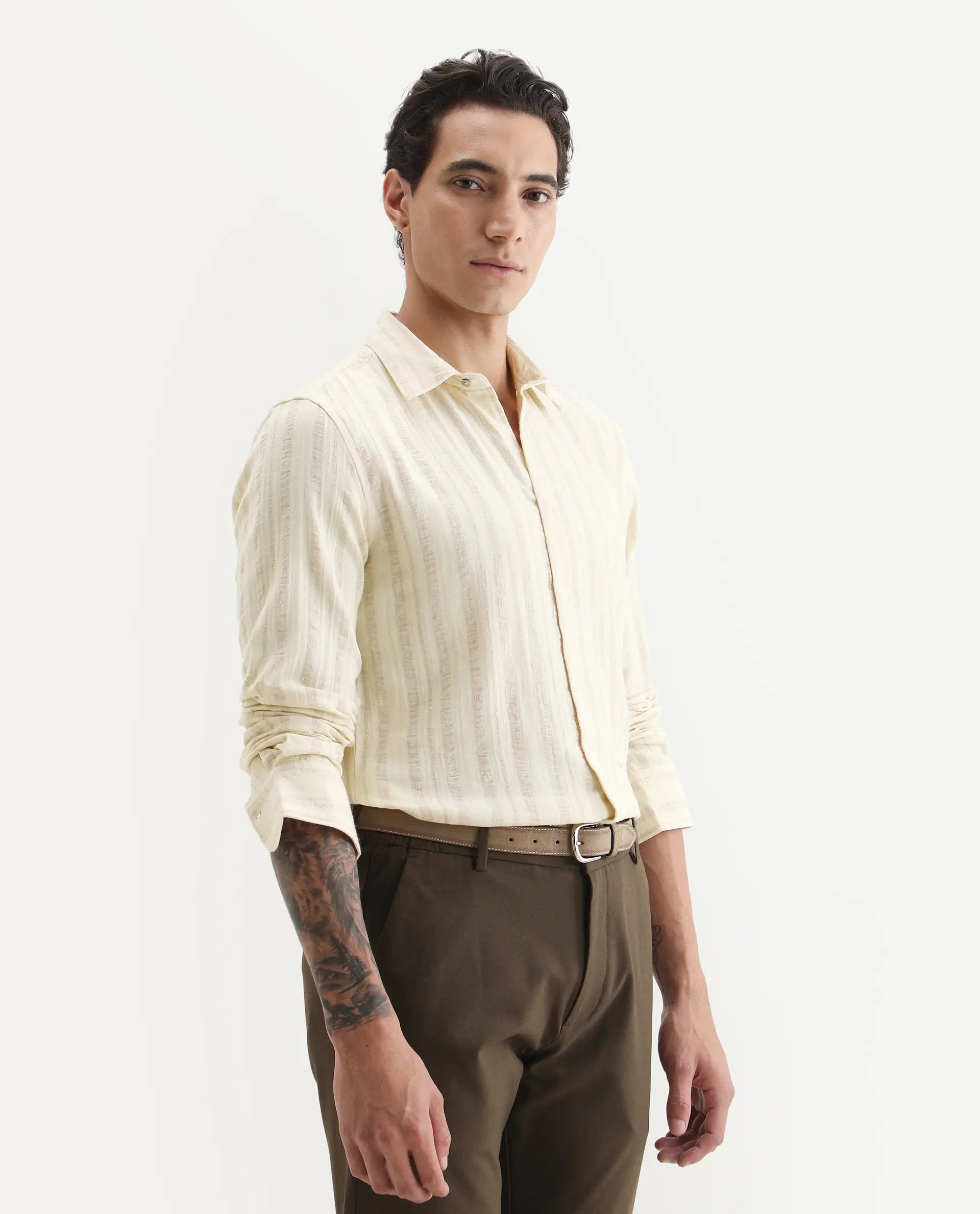 Rare Rabbit Men's Avno Light Yellow Cotton Fabric Full Sleeve Spread Collar Regular Fit Striped Shirt