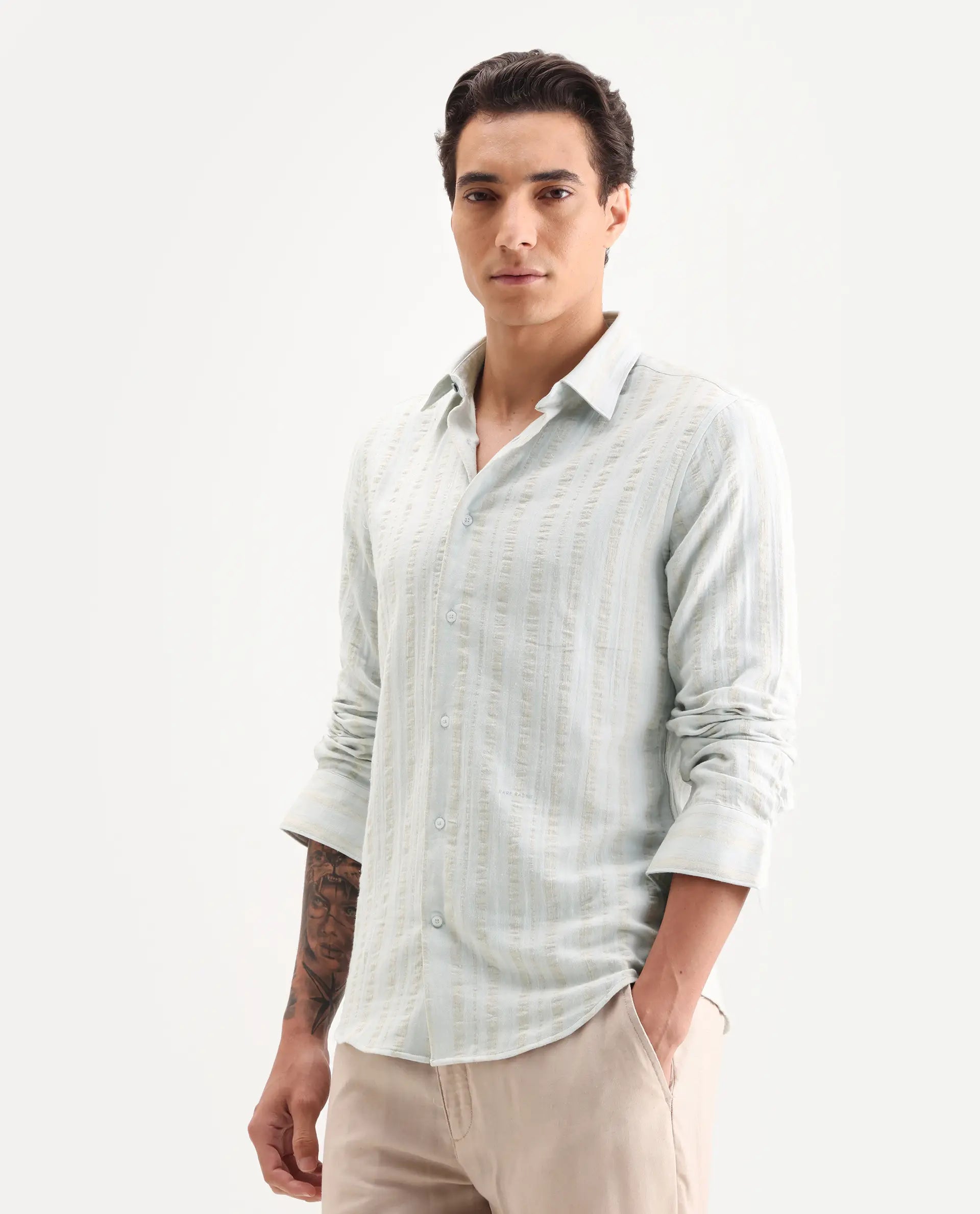 Rare Rabbit Men's Avno Light Blue Cotton Fabric Full Sleeve Spread Collar Regular Fit Striped Shirt