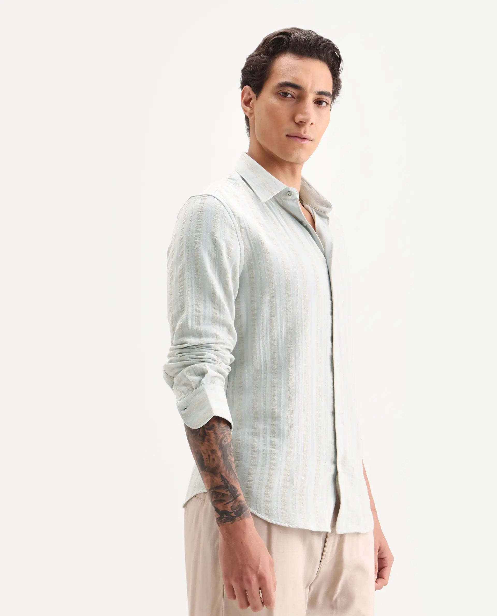 Rare Rabbit Men's Avno Light Blue Cotton Fabric Full Sleeve Spread Collar Regular Fit Striped Shirt