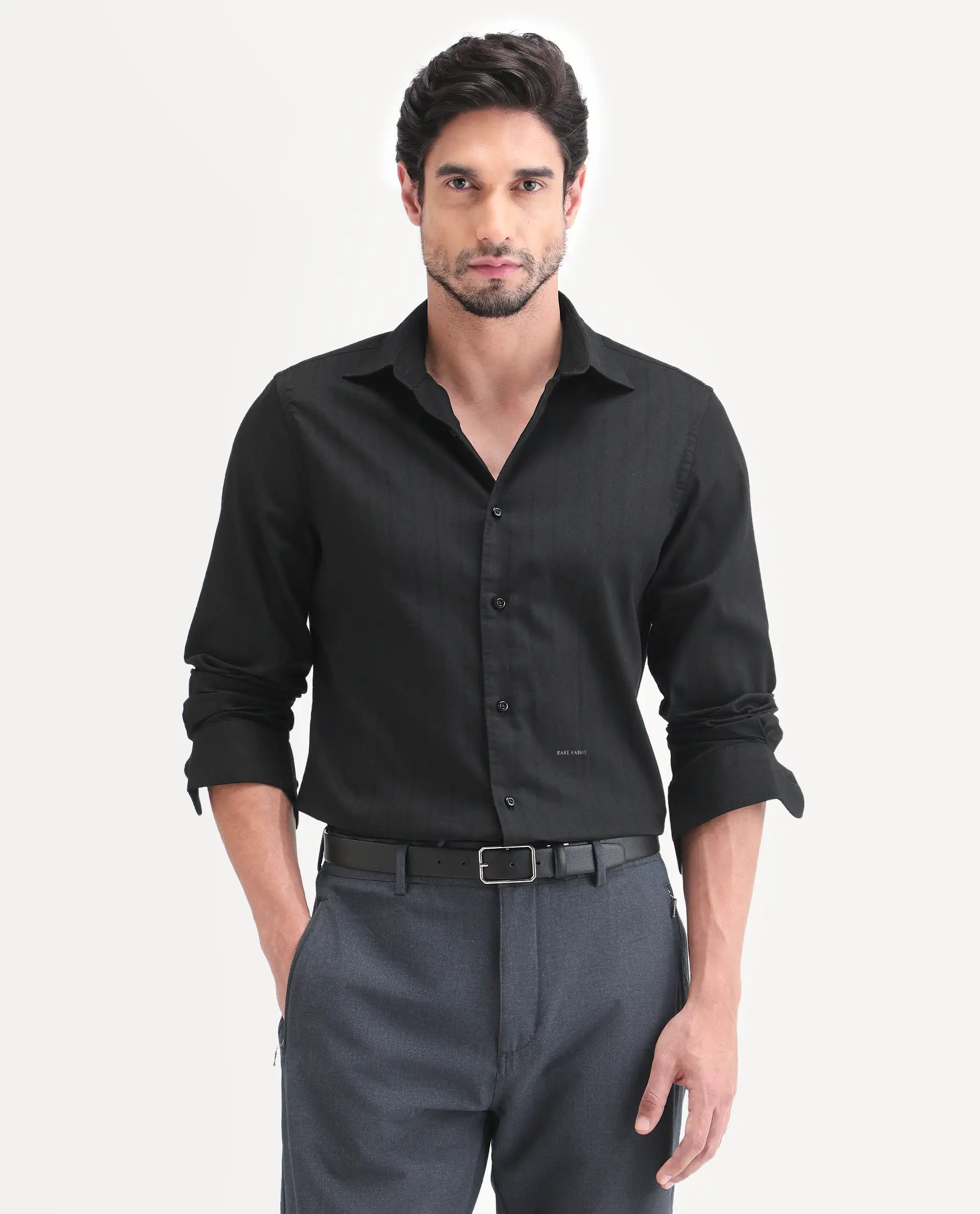 Rare Rabbit Men's Dyke Dark Black Cotton Blend Fabric Full Sleeve Spread Collar Regular Fit Shirt