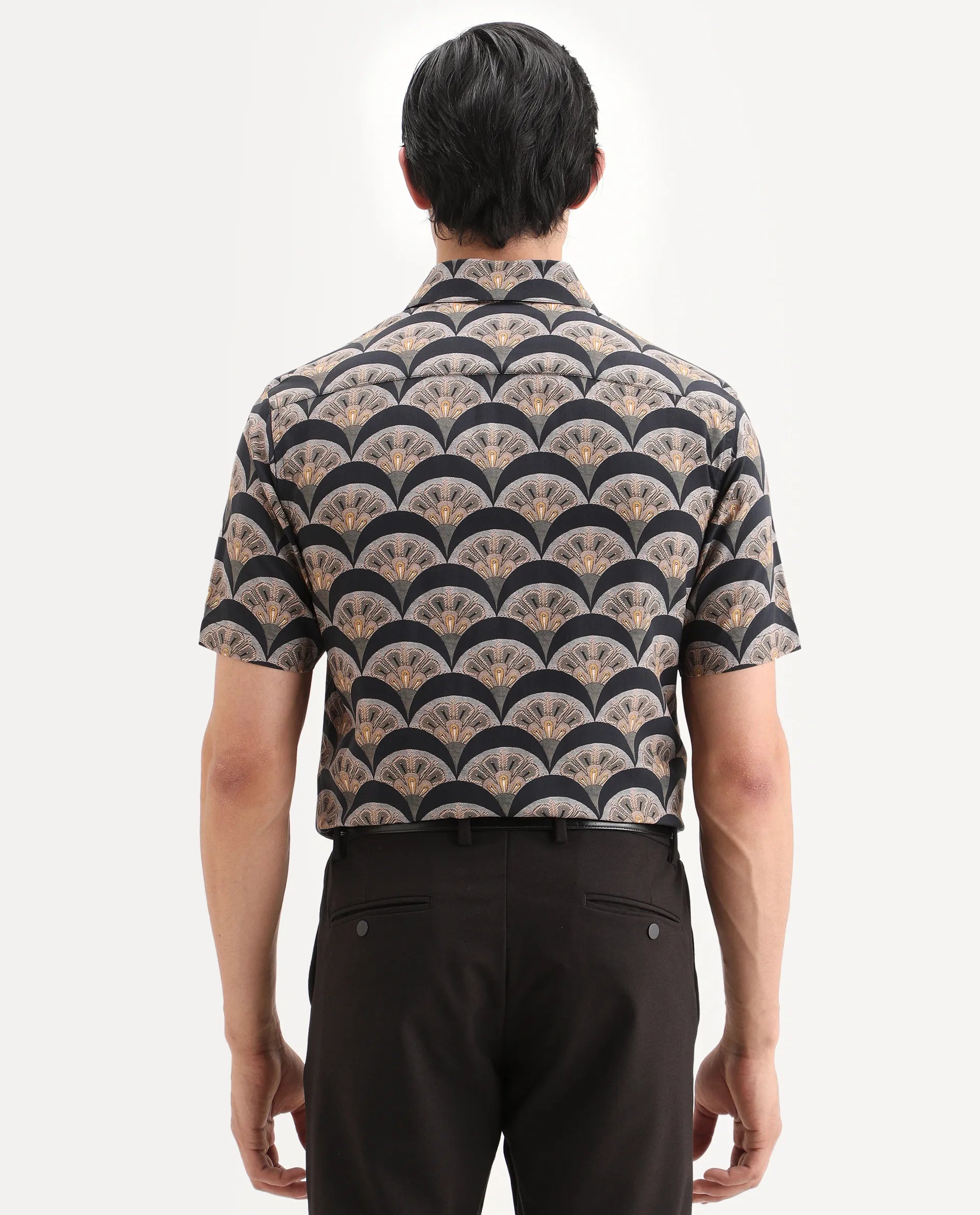 Rare Rabbit Men's Droz Black Viscose Fabric Half Sleeve Spread Collar Regular Fit Geometric Print Shirt