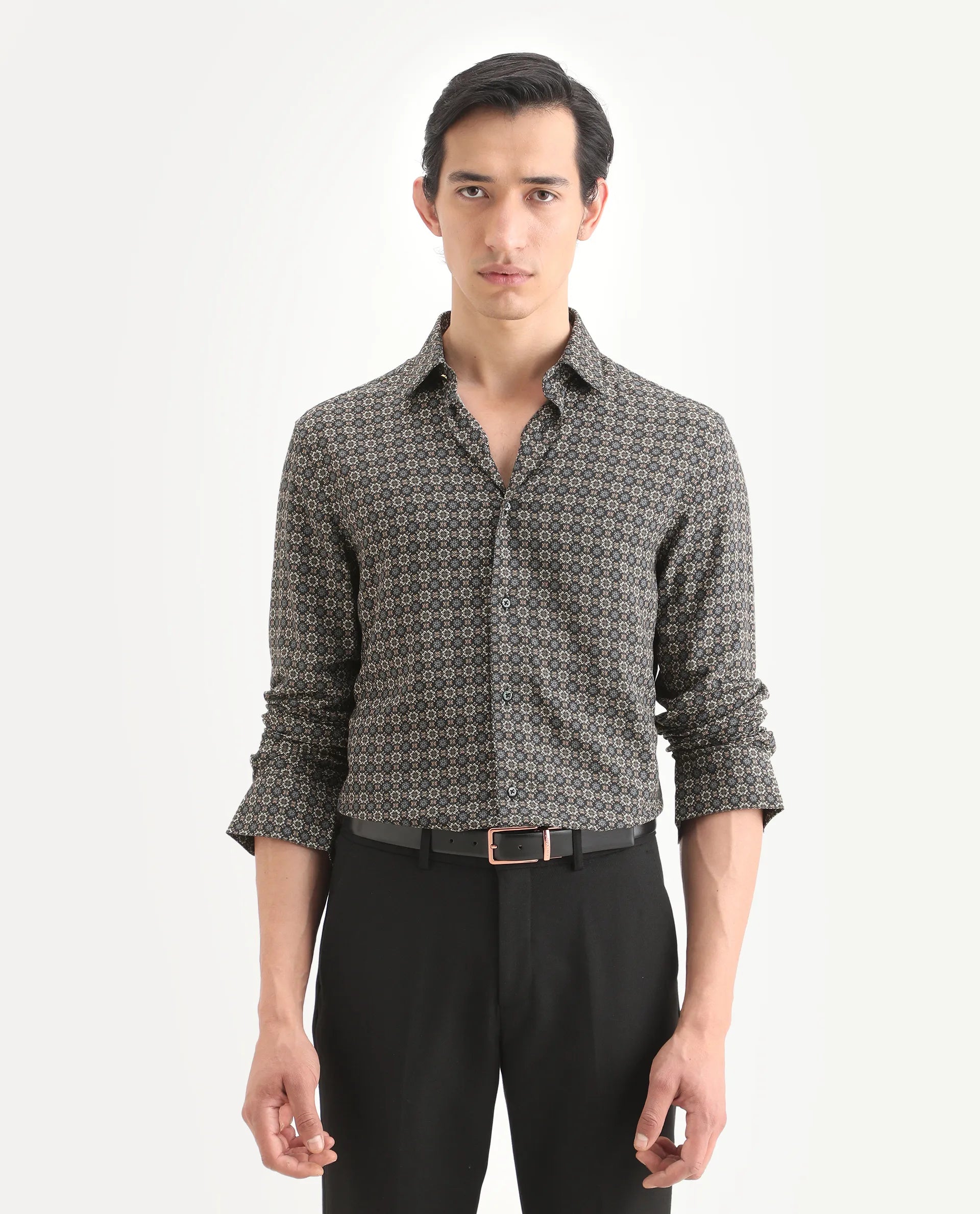 Rare Rabbit Men's Cazn Black Viscose Fabric Full Sleeve Spread Collar Regular Fit Geometric Print Shirt