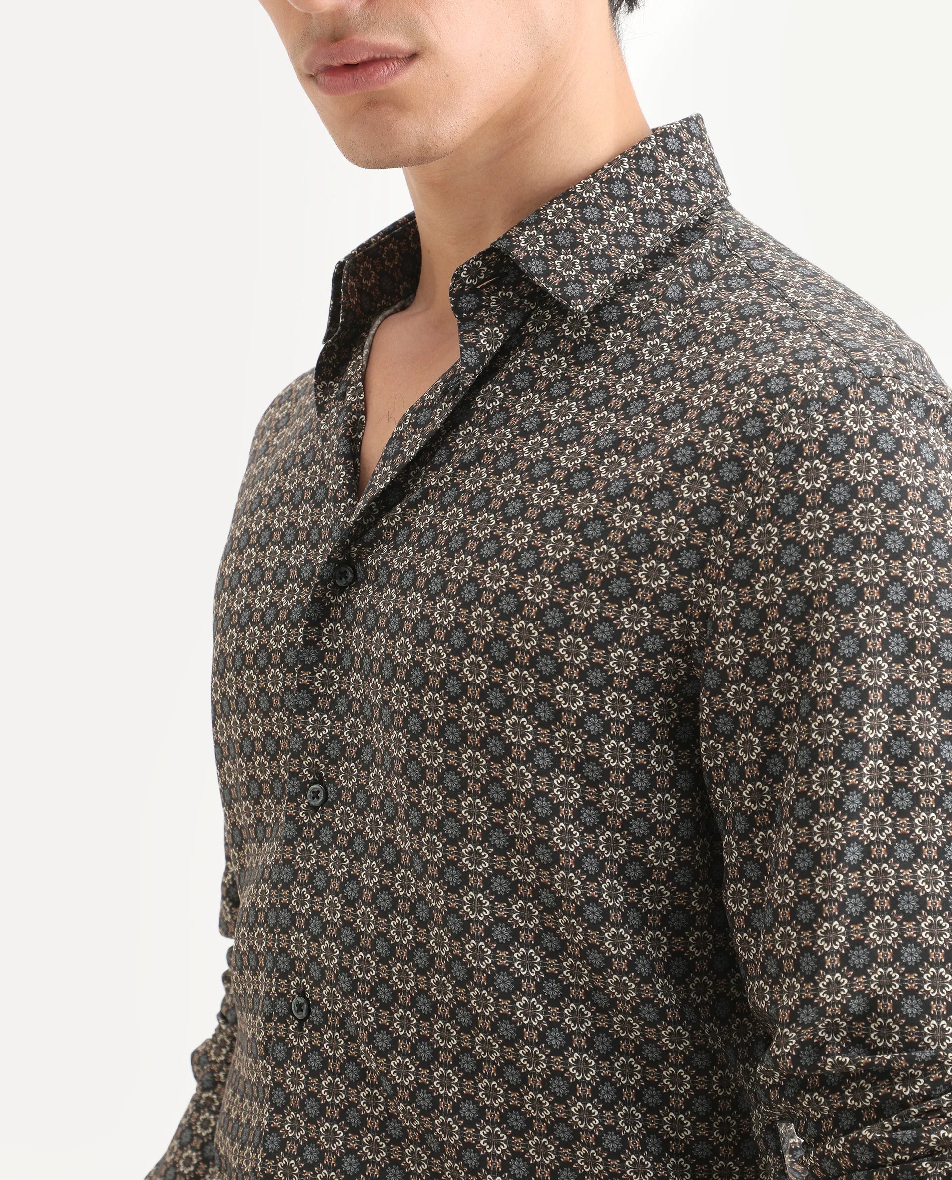 Rare Rabbit Men's Cazn Black Viscose Fabric Full Sleeve Spread Collar Regular Fit Geometric Print Shirt
