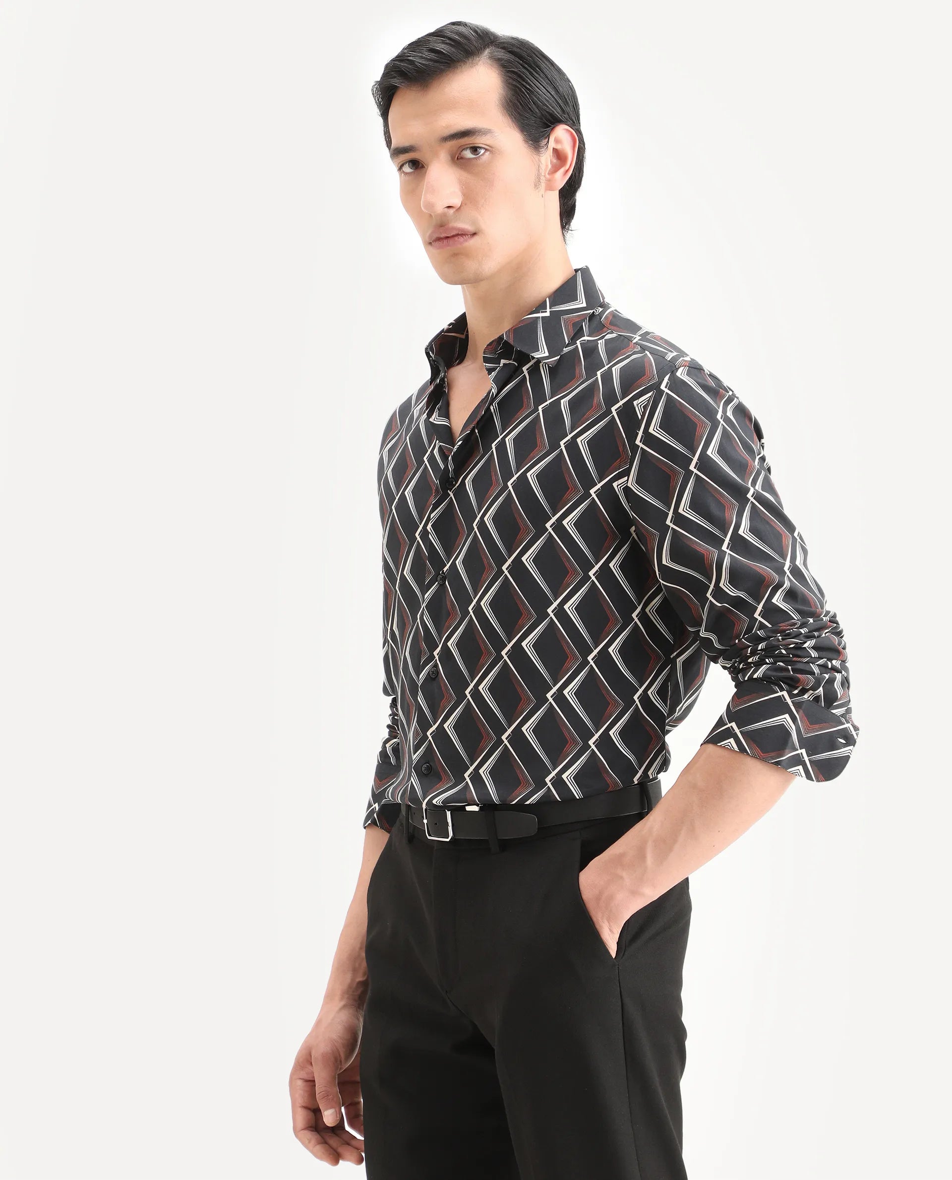 Rare Rabbit Men's Hurn Black Viscose Fabric Full Sleeve Spread Collar Regular Fit Geometric Print Shirt
