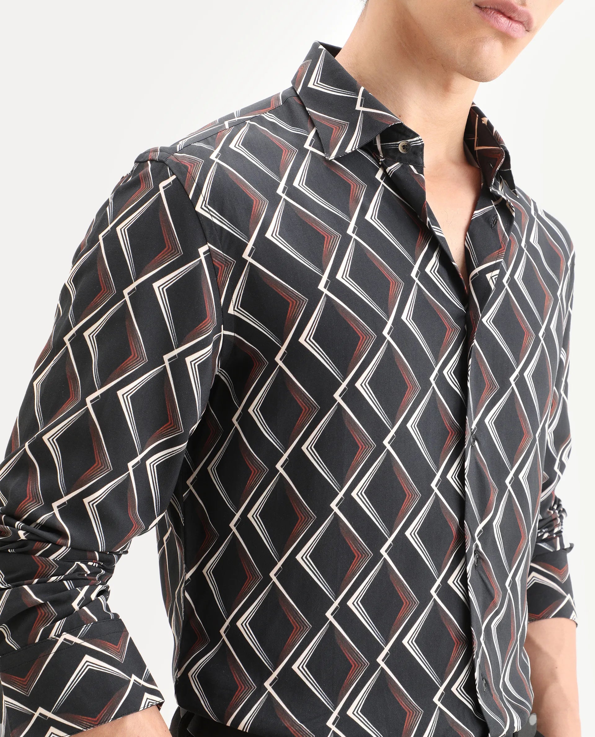 Rare Rabbit Men's Hurn Black Viscose Fabric Full Sleeve Spread Collar Regular Fit Geometric Print Shirt