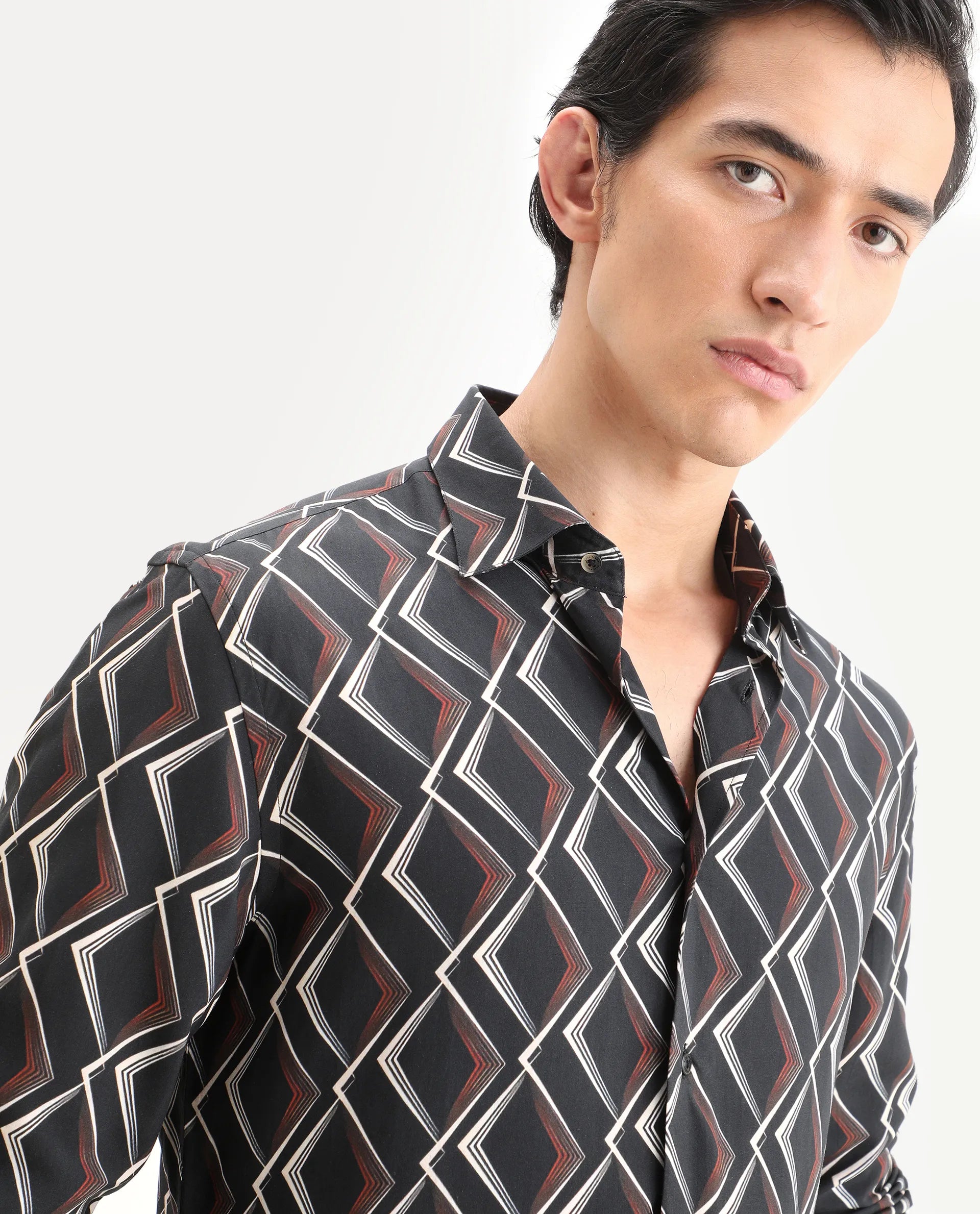 Rare Rabbit Men's Hurn Black Viscose Fabric Full Sleeve Spread Collar Regular Fit Geometric Print Shirt
