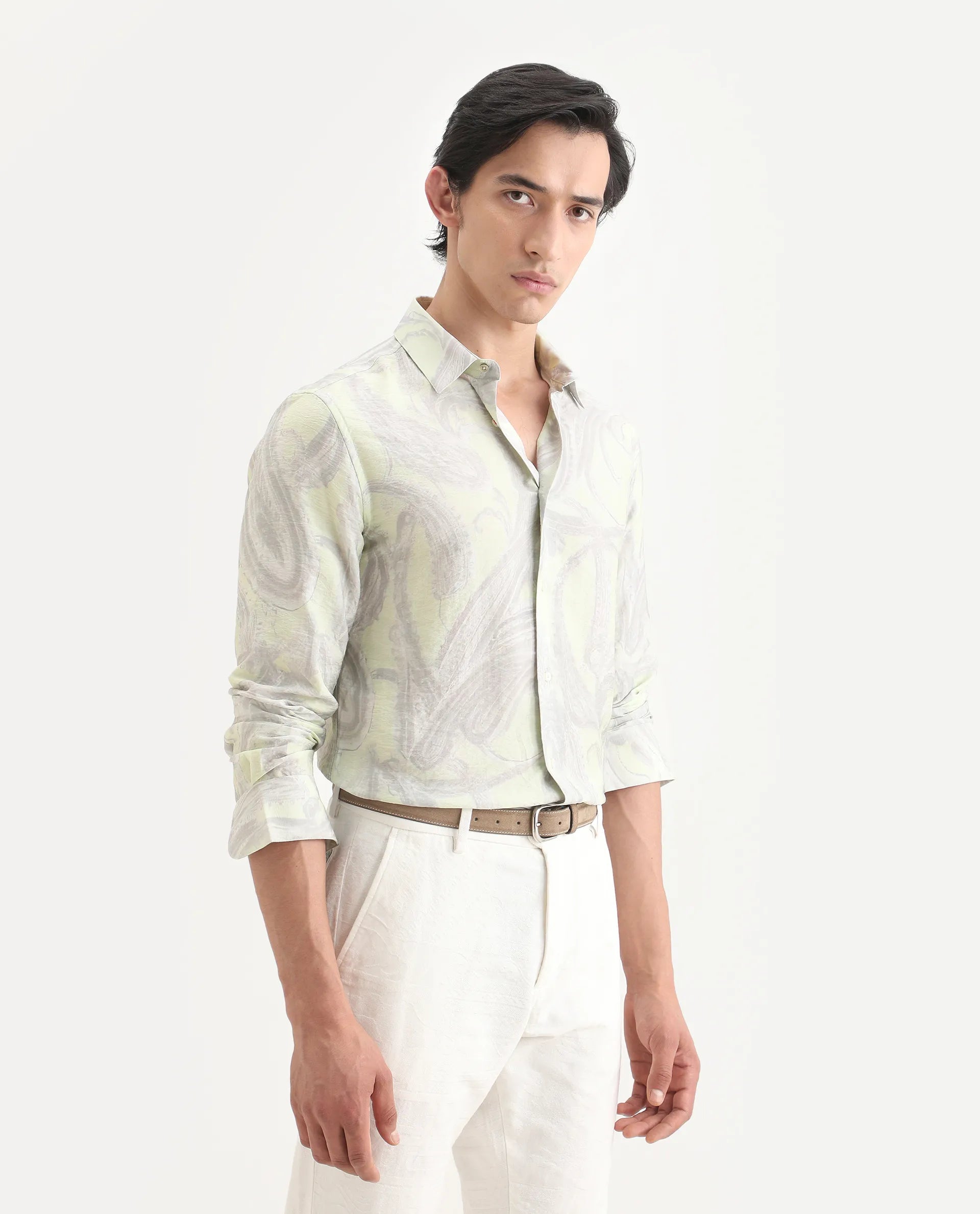 Rare Rabbit Men's Neo Pastel Green Viscose Blend Fabric Full Sleeve Spread Collar Regular Fit Paisley Print Shirt
