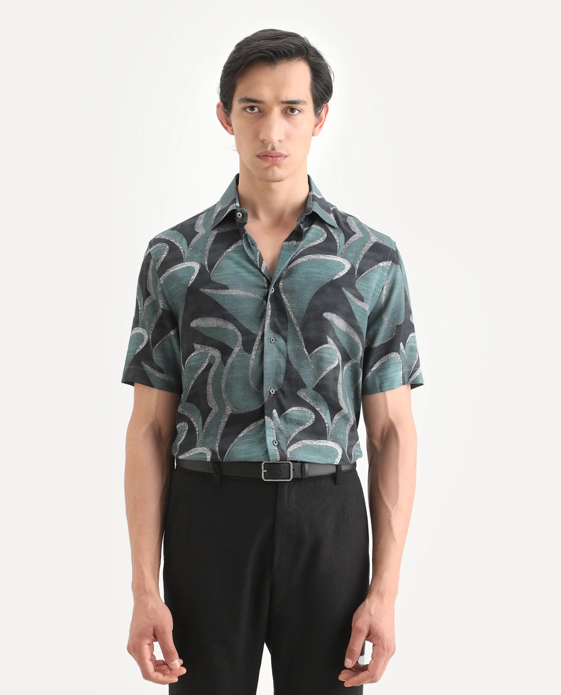 Rare Rabbit Men's Jorp Dusky Green Viscose Fabric Half Sleeve Spread Collar Regular Fit Abstract Print Shirt