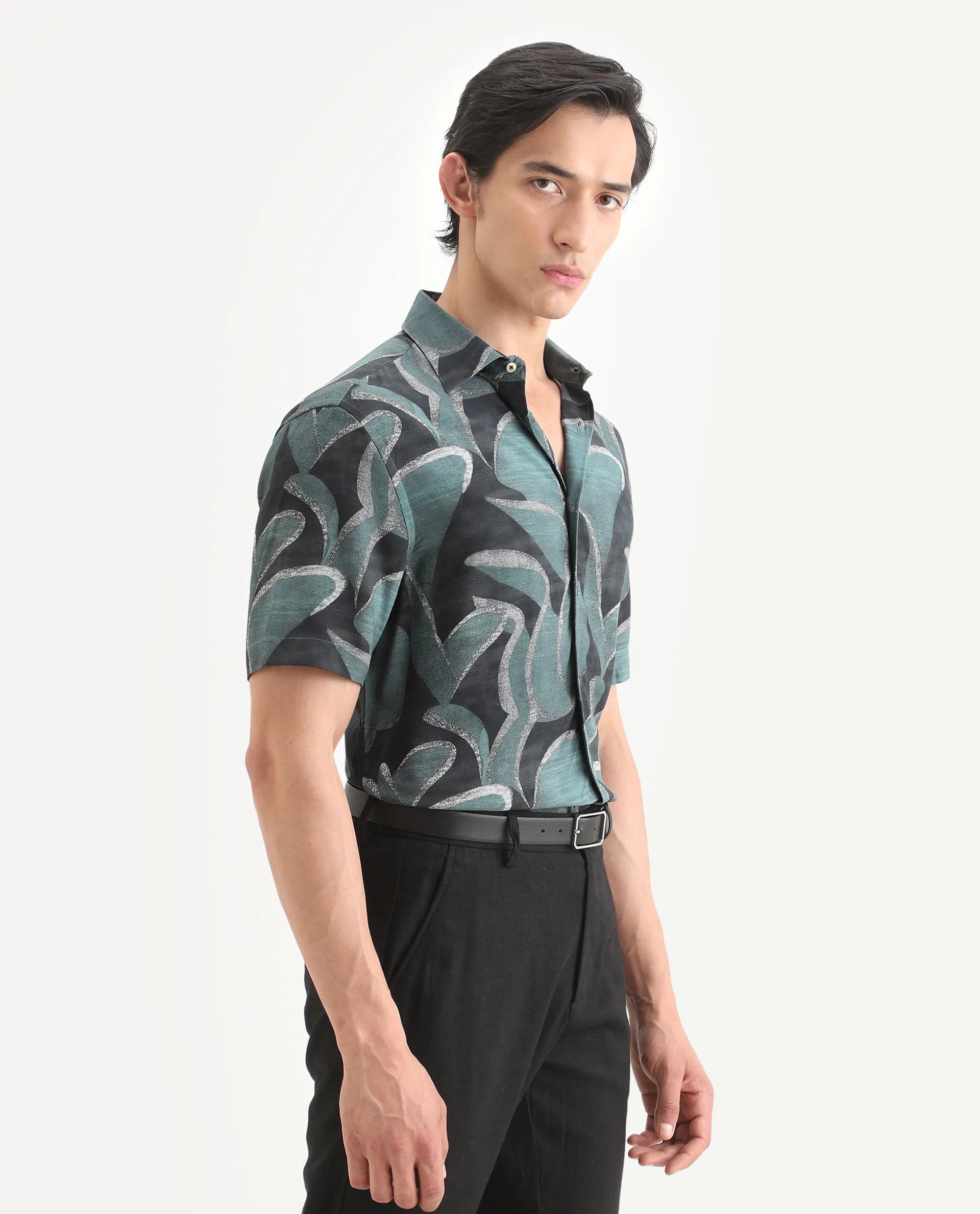 Rare Rabbit Men's Jorp Dusky Green Viscose Fabric Half Sleeve Spread Collar Regular Fit Abstract Print Shirt