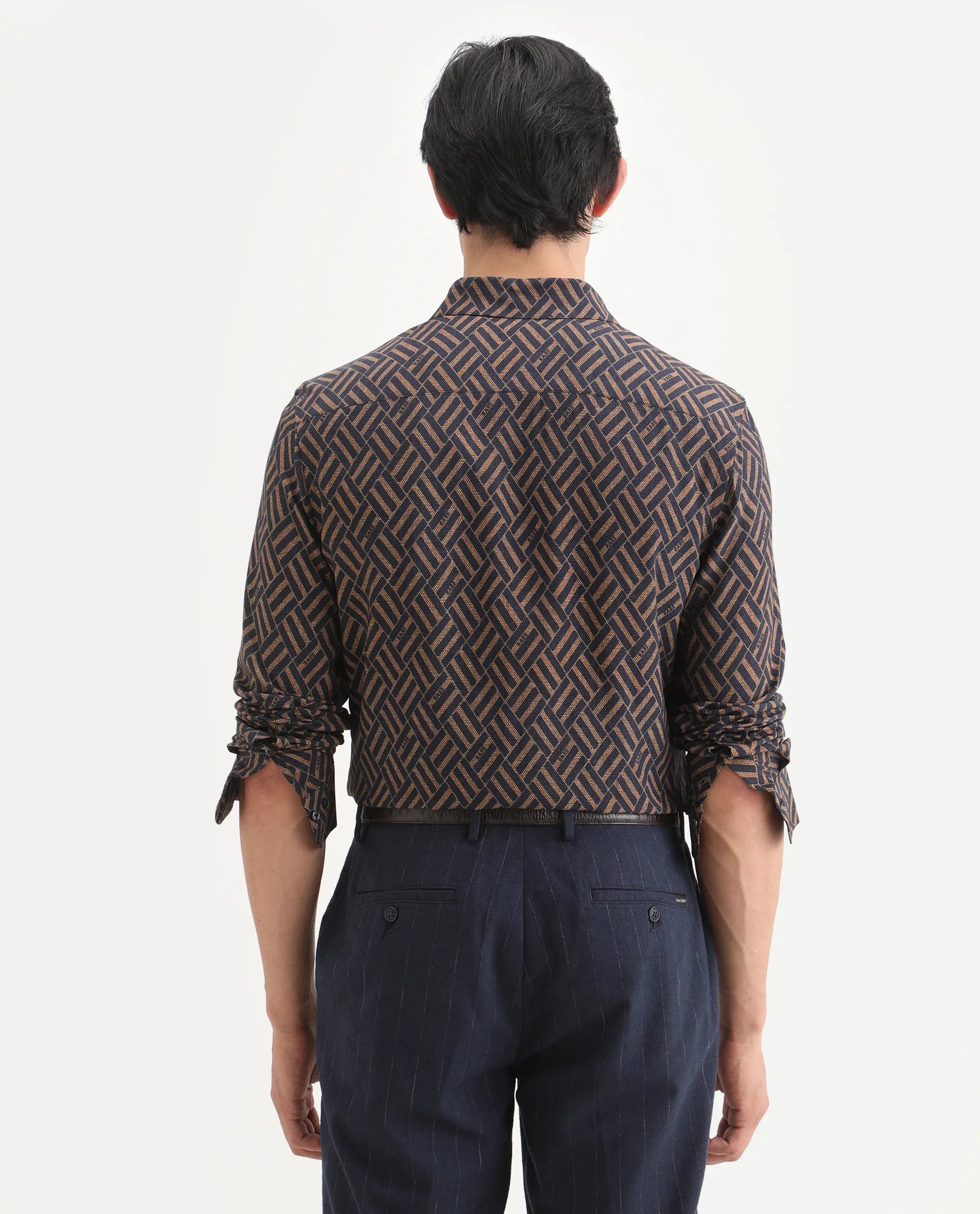Rare Rabbit Men's Moto Dusky Navy Viscose Fabric Full Sleeve Spread Collar Regular Fit Geometric Print Shirt