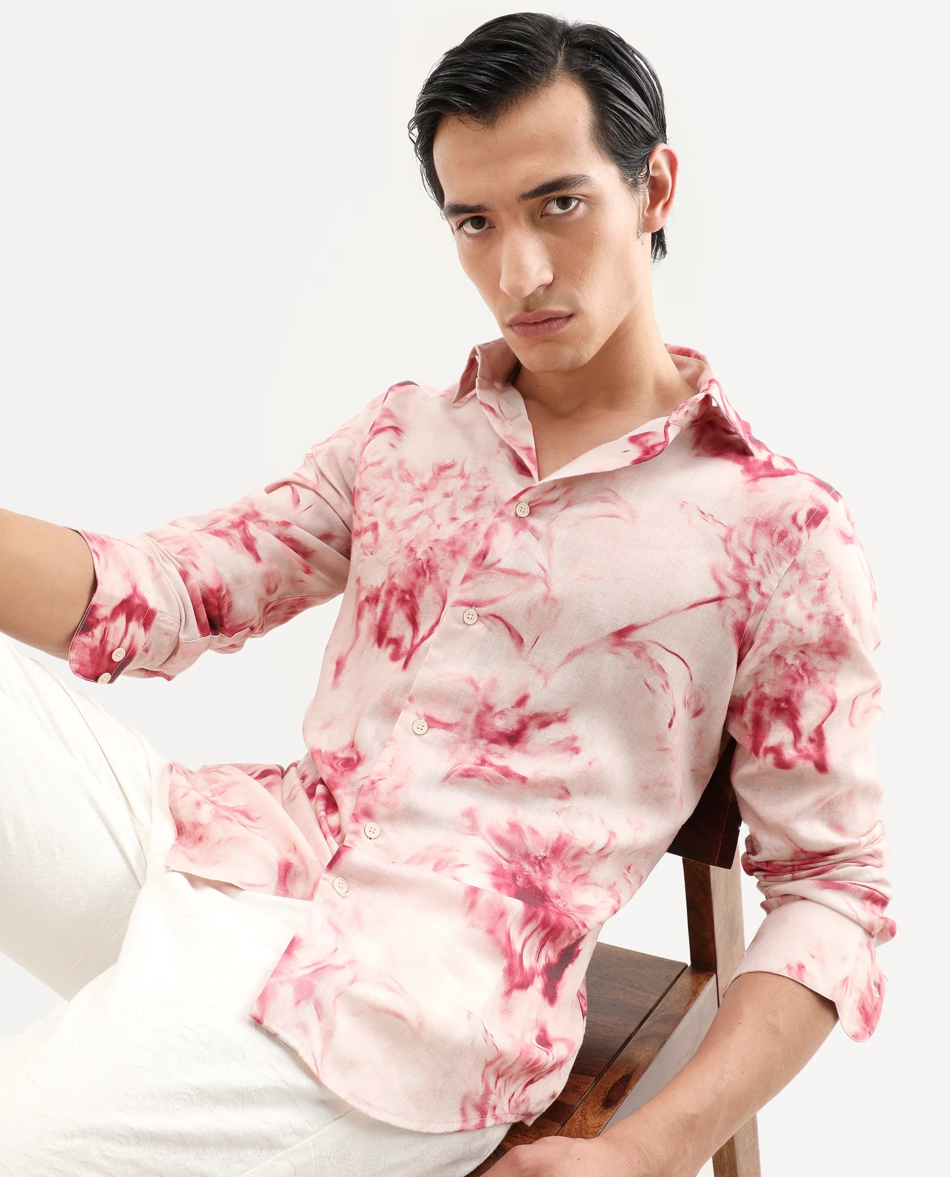Rare Rabbit Men's Cuvn Dusky Pink Linen Blend Fabric Full Sleeve Spread Collar Regular Fit Floral Print Shirt