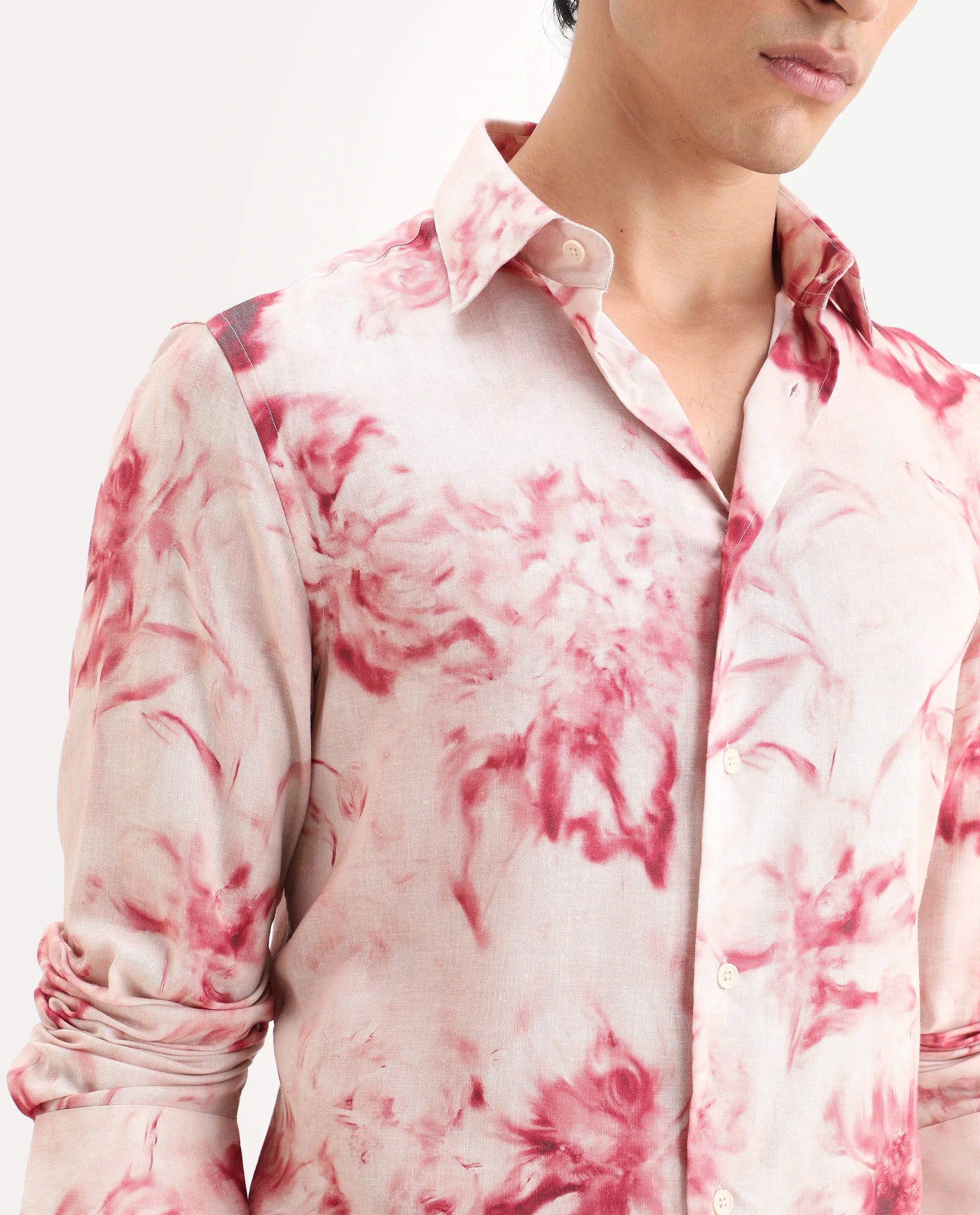 Rare Rabbit Men's Cuvn Dusky Pink Linen Blend Fabric Full Sleeve Spread Collar Regular Fit Floral Print Shirt
