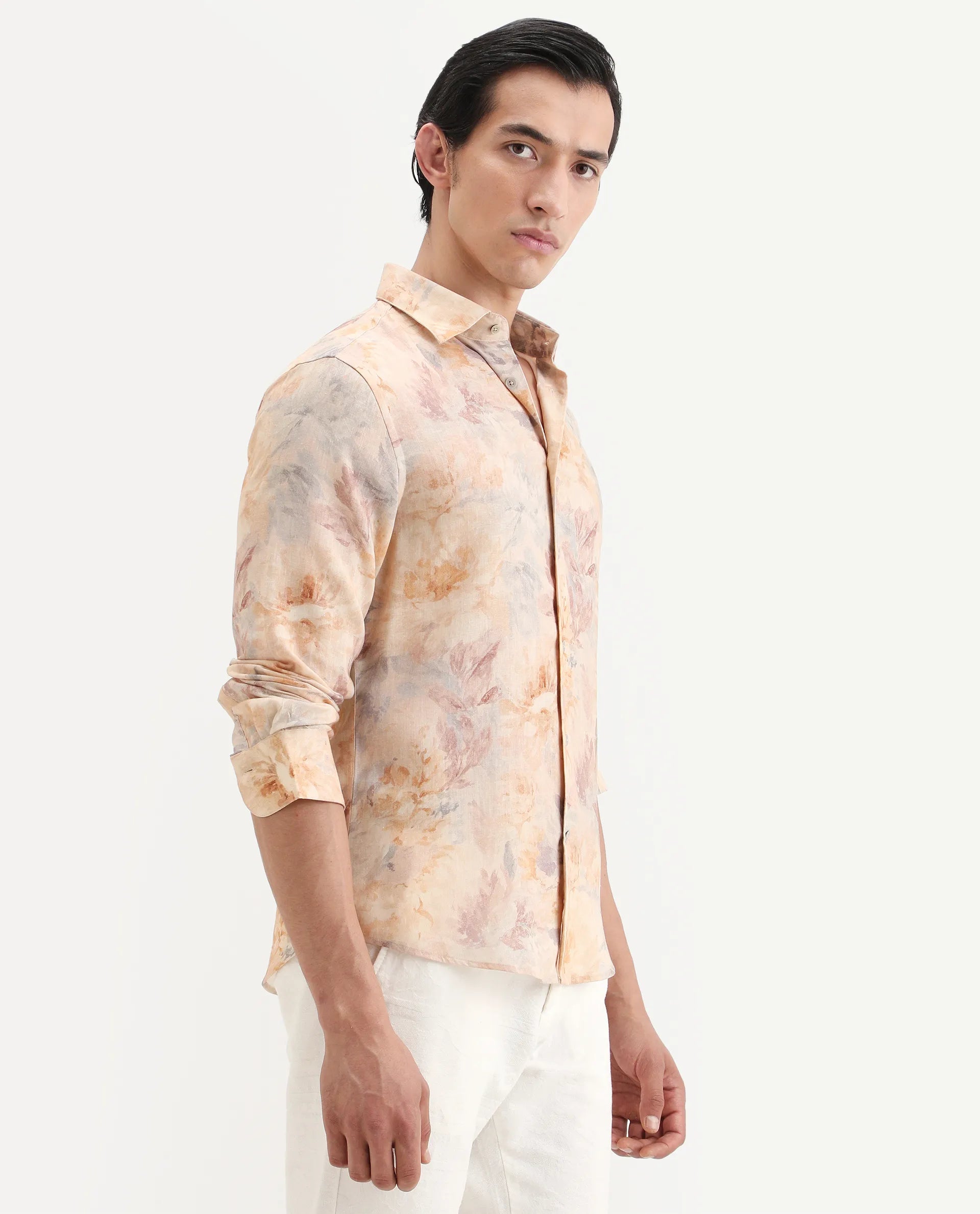 Rare Rabbit Men's Wolo Beige Linen Blend Fabric Full Sleeve Spread Collar Regular Fit Floral Print Shirt
