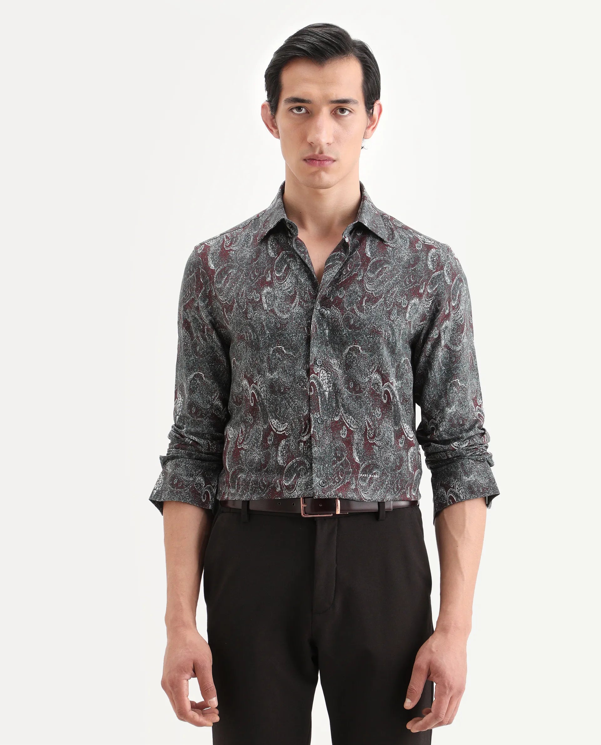 Rare Rabbit Men's Reva Dusky Grey Viscose Fabric Full Sleeve Spread Collar Regular Fit Paisley Print Shirt