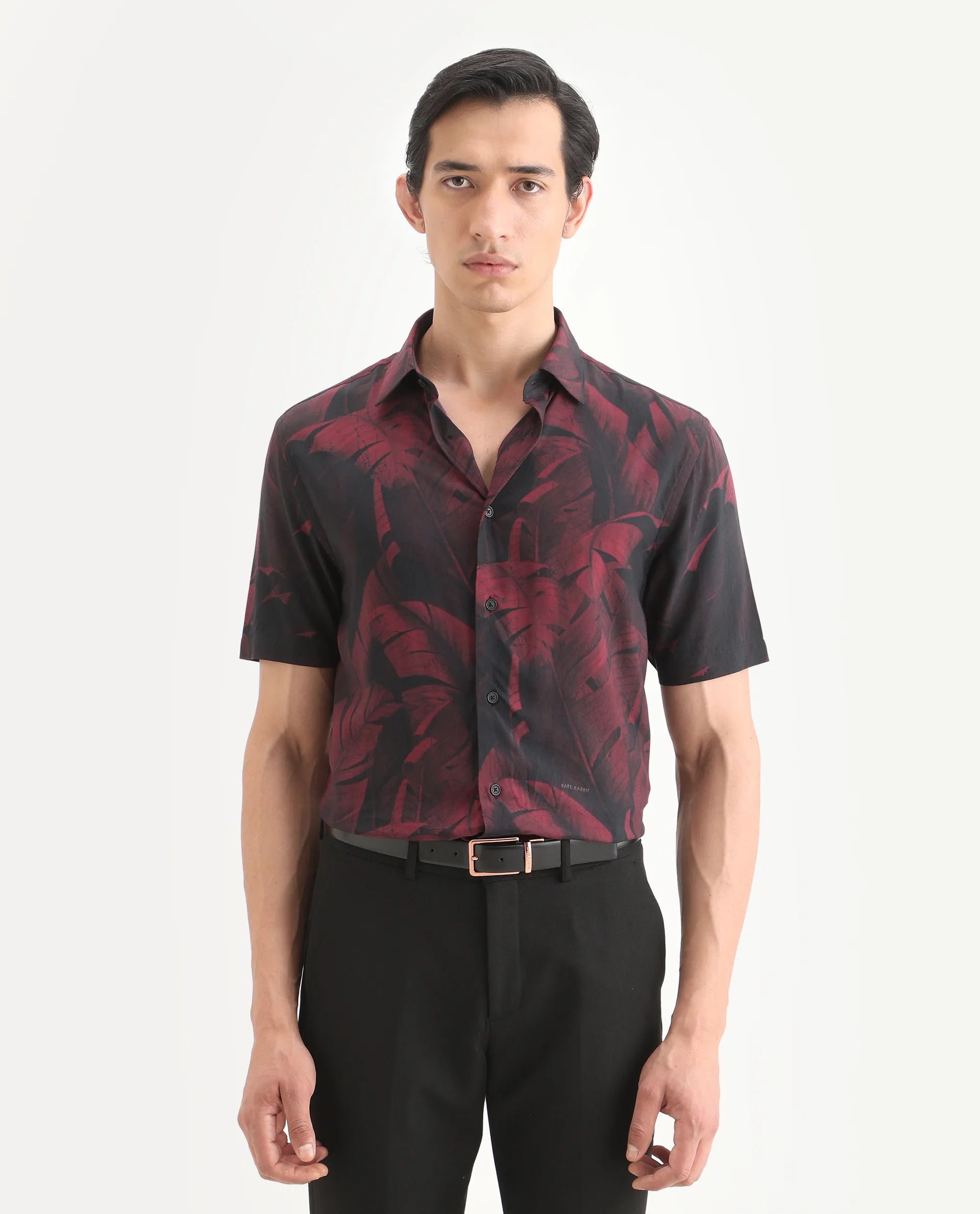 Rare Rabbit Men's Omra Dusky Red Viscose Fabric Half Sleeve Spread Collar Regular Fit Tropical Print Shirt