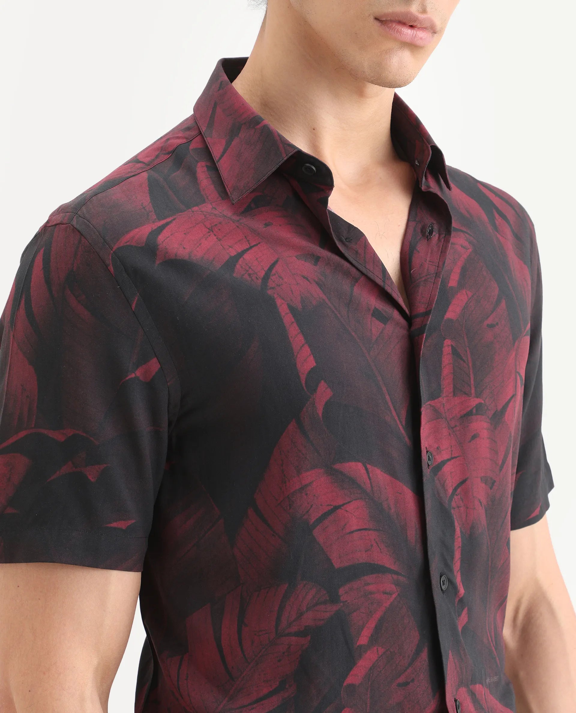 Rare Rabbit Men's Omra Dusky Red Viscose Fabric Half Sleeve Spread Collar Regular Fit Tropical Print Shirt