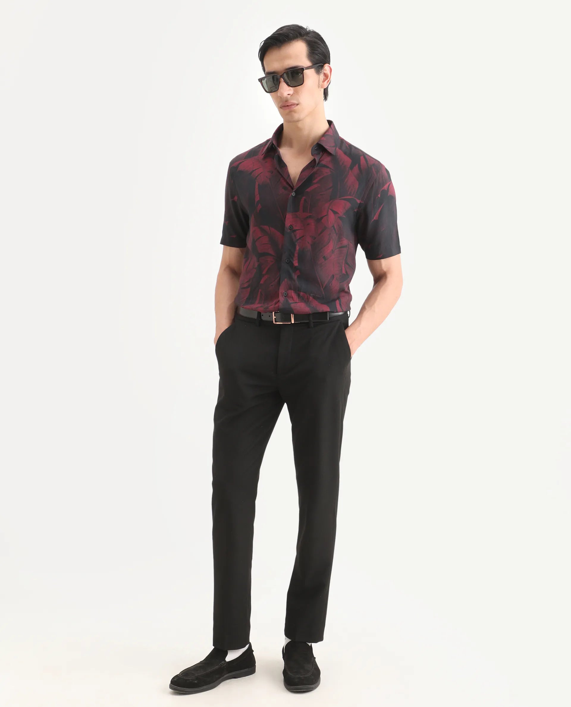 Rare Rabbit Men's Omra Dusky Red Viscose Fabric Half Sleeve Spread Collar Regular Fit Tropical Print Shirt