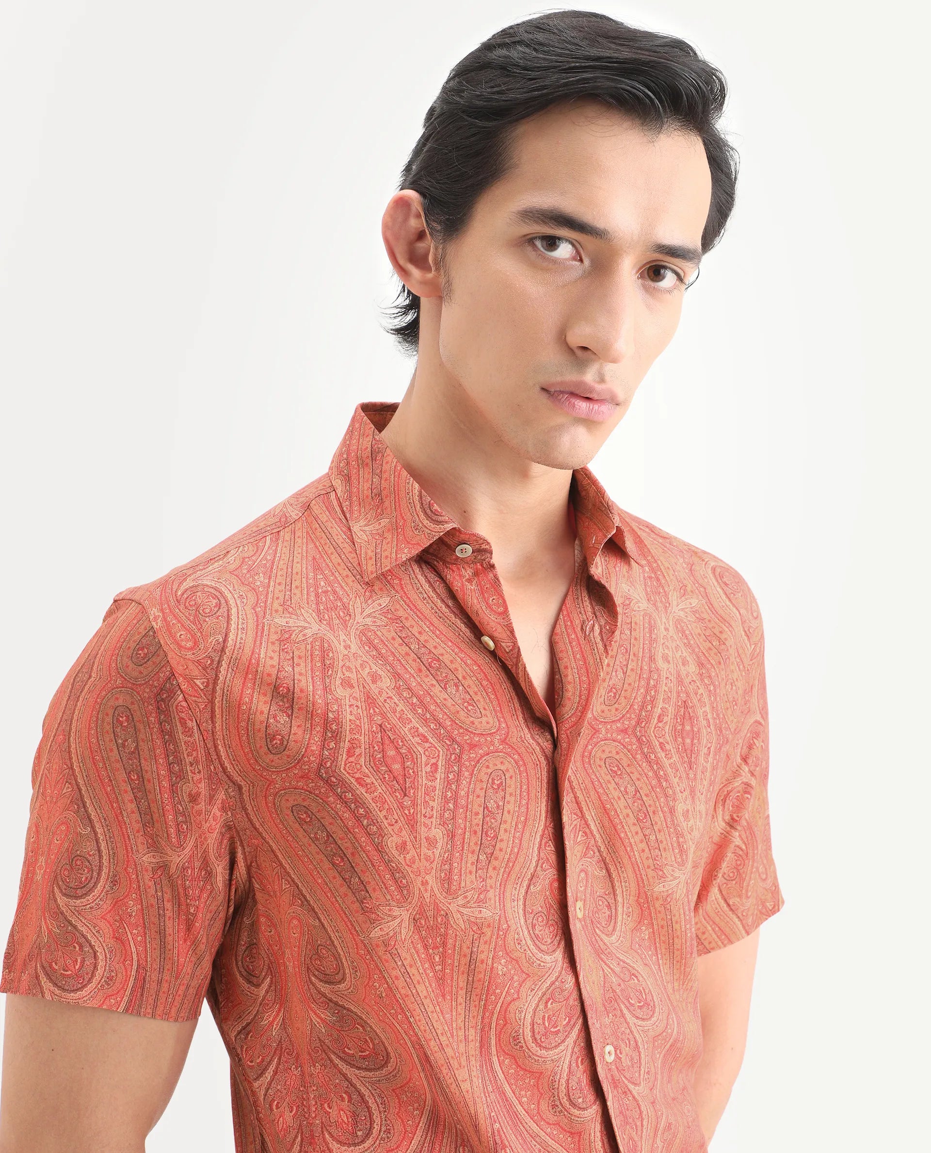 Rare Rabbit Men's Kian Red Viscose Fabric Half Sleeve Spread Collar Regular Fit Paisley Print Shirt