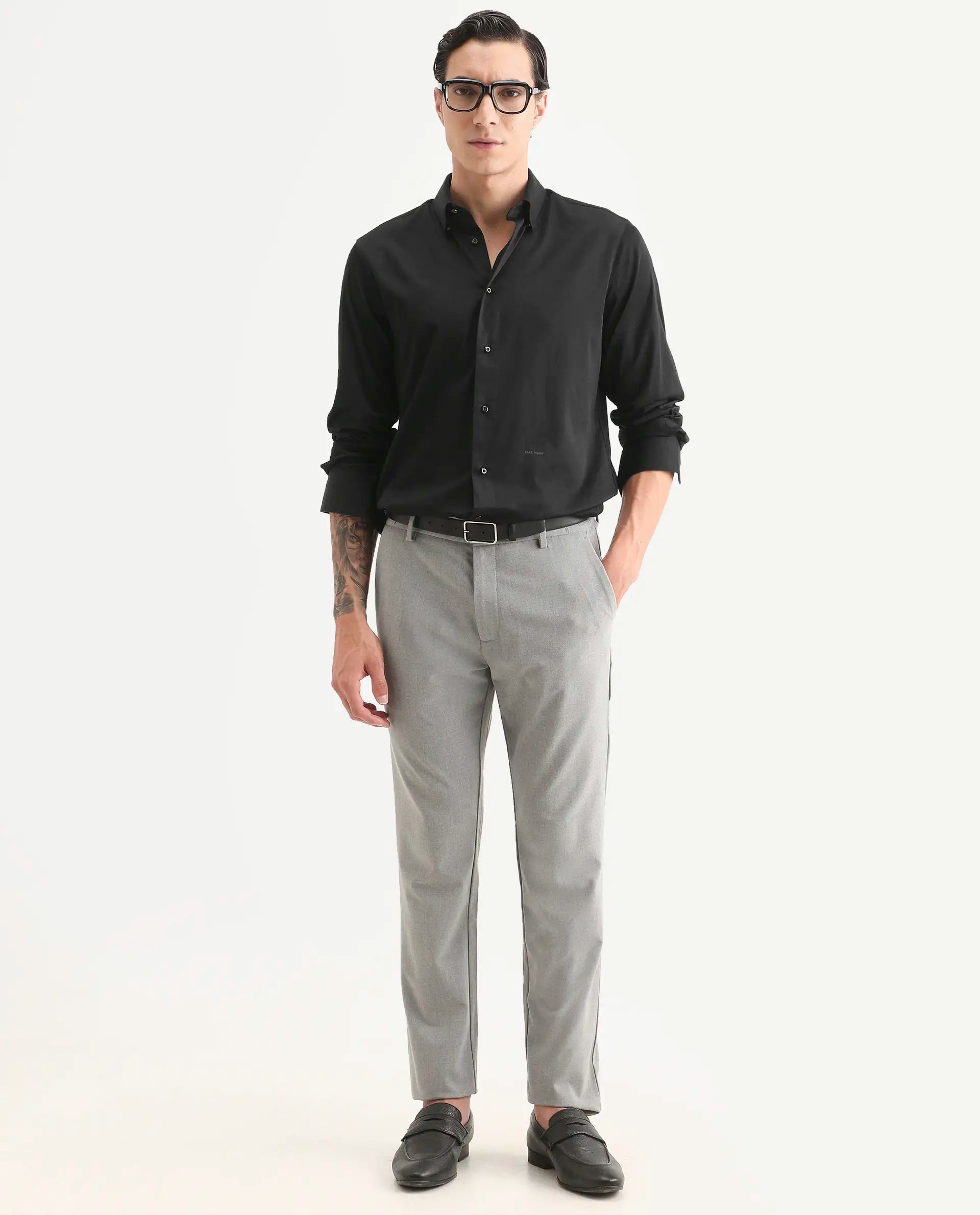 Rare Rabbit Men's Como-27 Black Cotton Blend Fabric Full Sleeve Spread Collar Regular Fit Plain Shirt