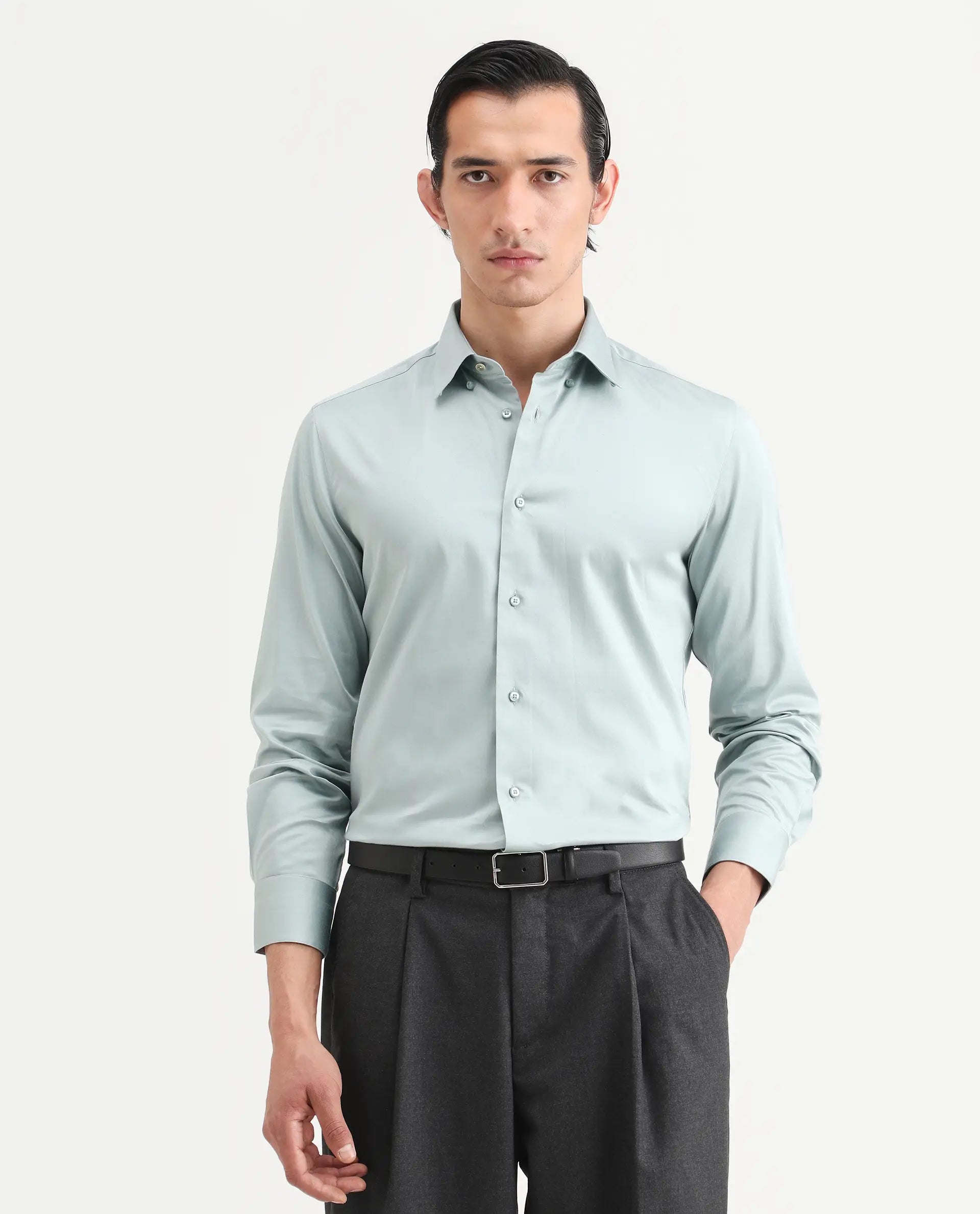 Rare Rabbit Men's Como-27 Dusky Blue Cotton Blend Fabric Full Sleeve Spread Collar Regular Fit Plain Shirt