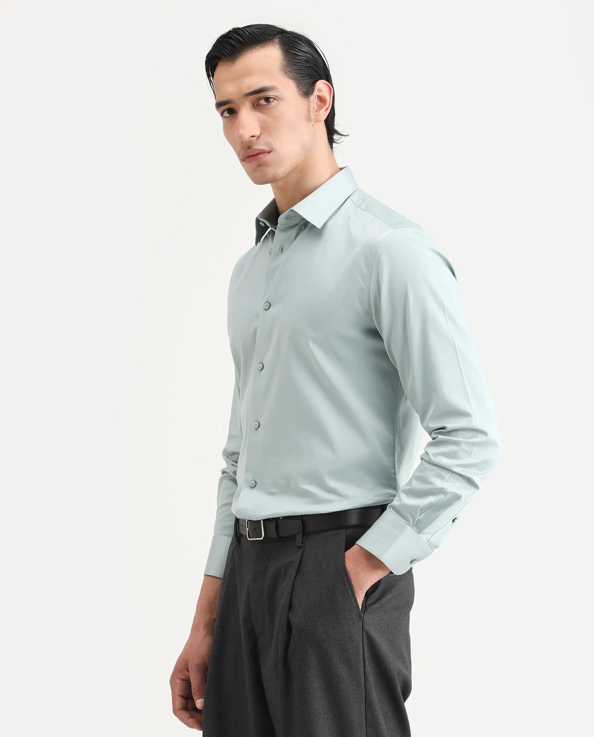 Rare Rabbit Men's Como-27 Dusky Blue Cotton Blend Fabric Full Sleeve Spread Collar Regular Fit Plain Shirt