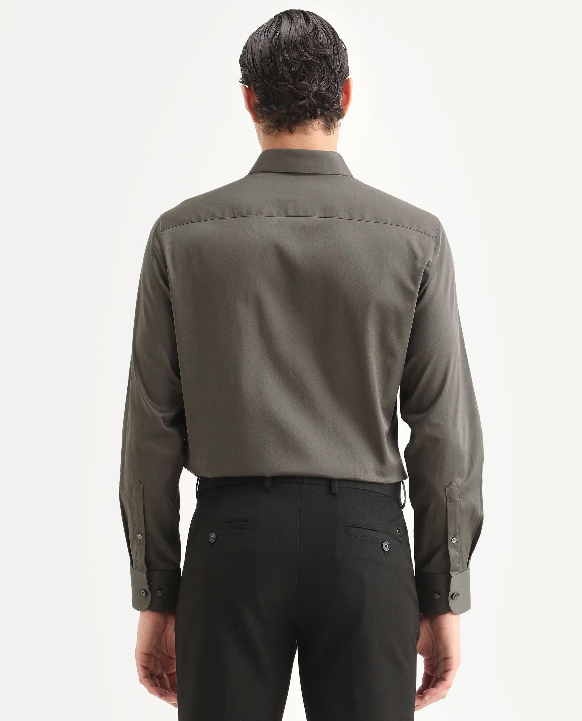 Rare Rabbit Men's Como-27 Dusky Olive Cotton Blend Fabric Full Sleeve Spread Collar Regular Fit Plain Shirt