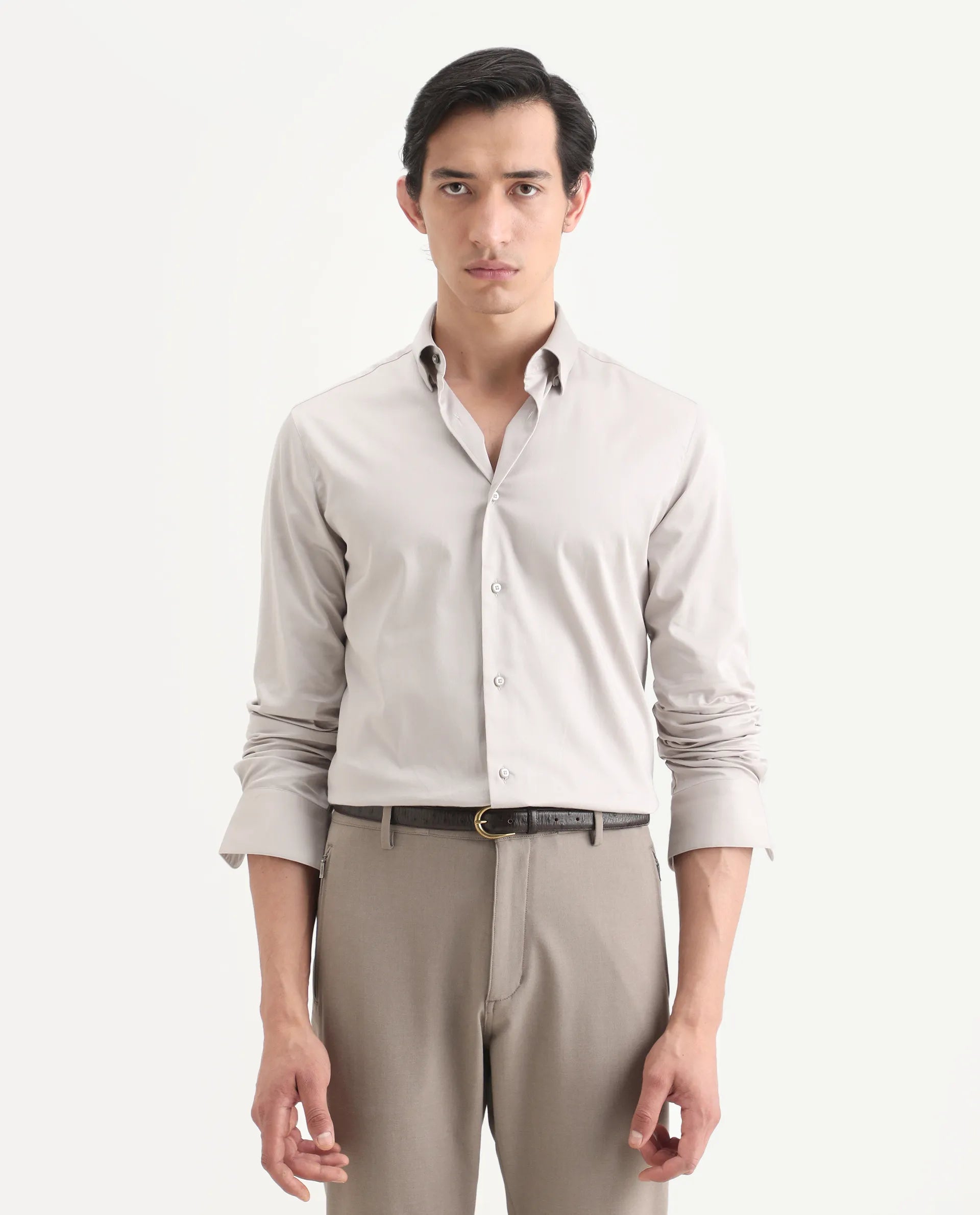 Rare Rabbit Men's Como-27 Dusky Beige Cotton Blend Fabric Full Sleeve Spread Collar Regular Fit Plain Shirt