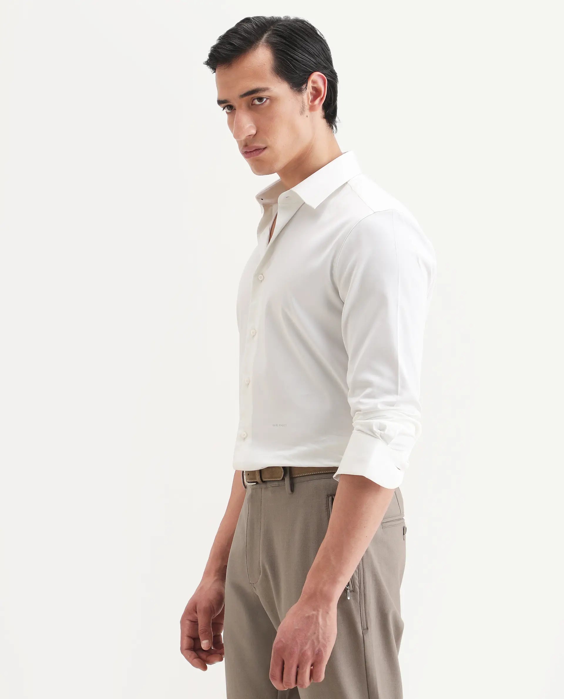 Rare Rabbit Men's Holla-Ss26 White Cotton Blend Fabric Full Sleeve Spread Collar Regular Fit Plain Shirt
