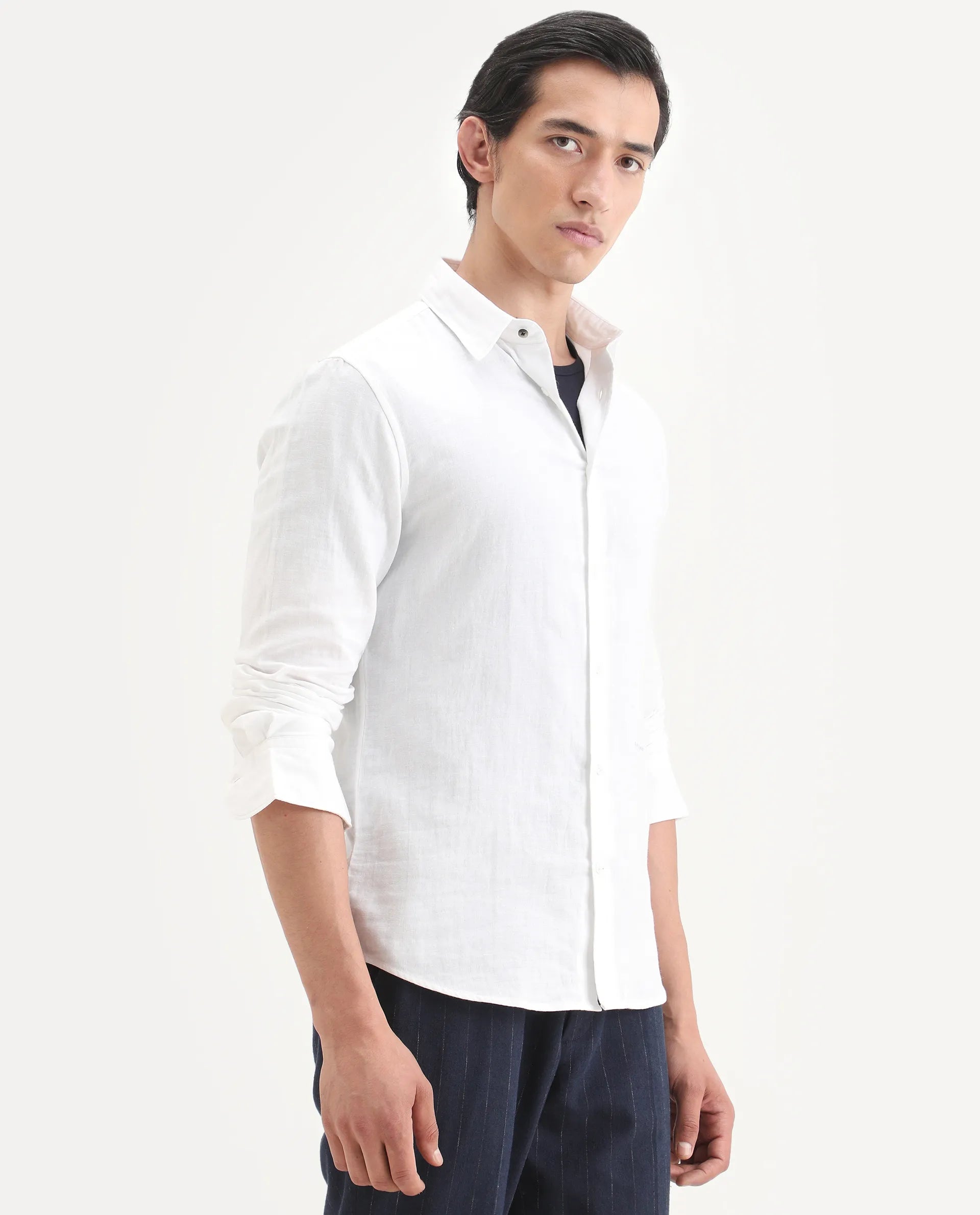 Rare Rabbit Men's Layerr-Ls White Cotton Fabric Full Sleeve Spread Collar Regular Fit Plain Shirt