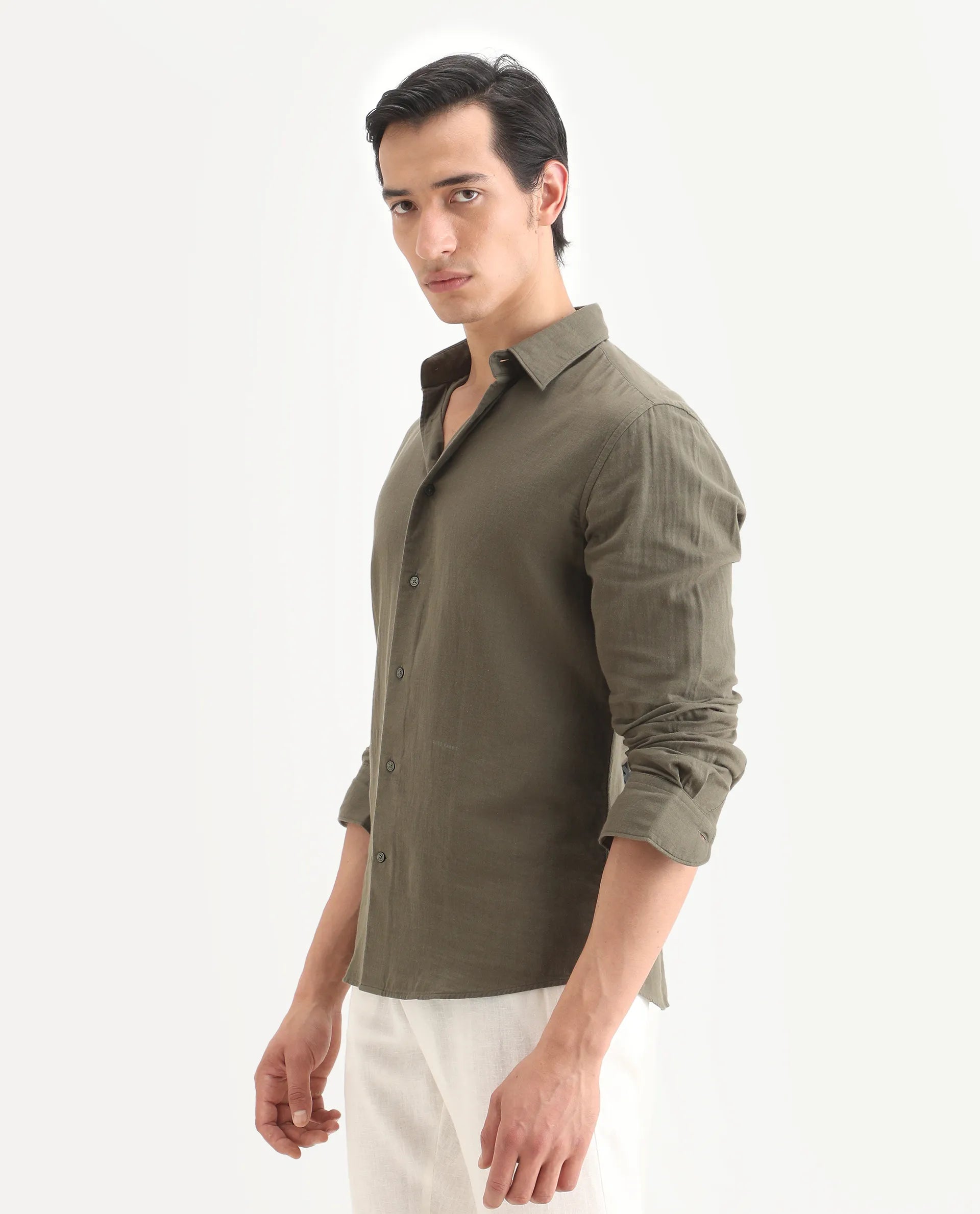 Rare Rabbit Men's Layerr-Ls Olive Cotton Plain Regular Fit Full Sleeve Collared Shirt