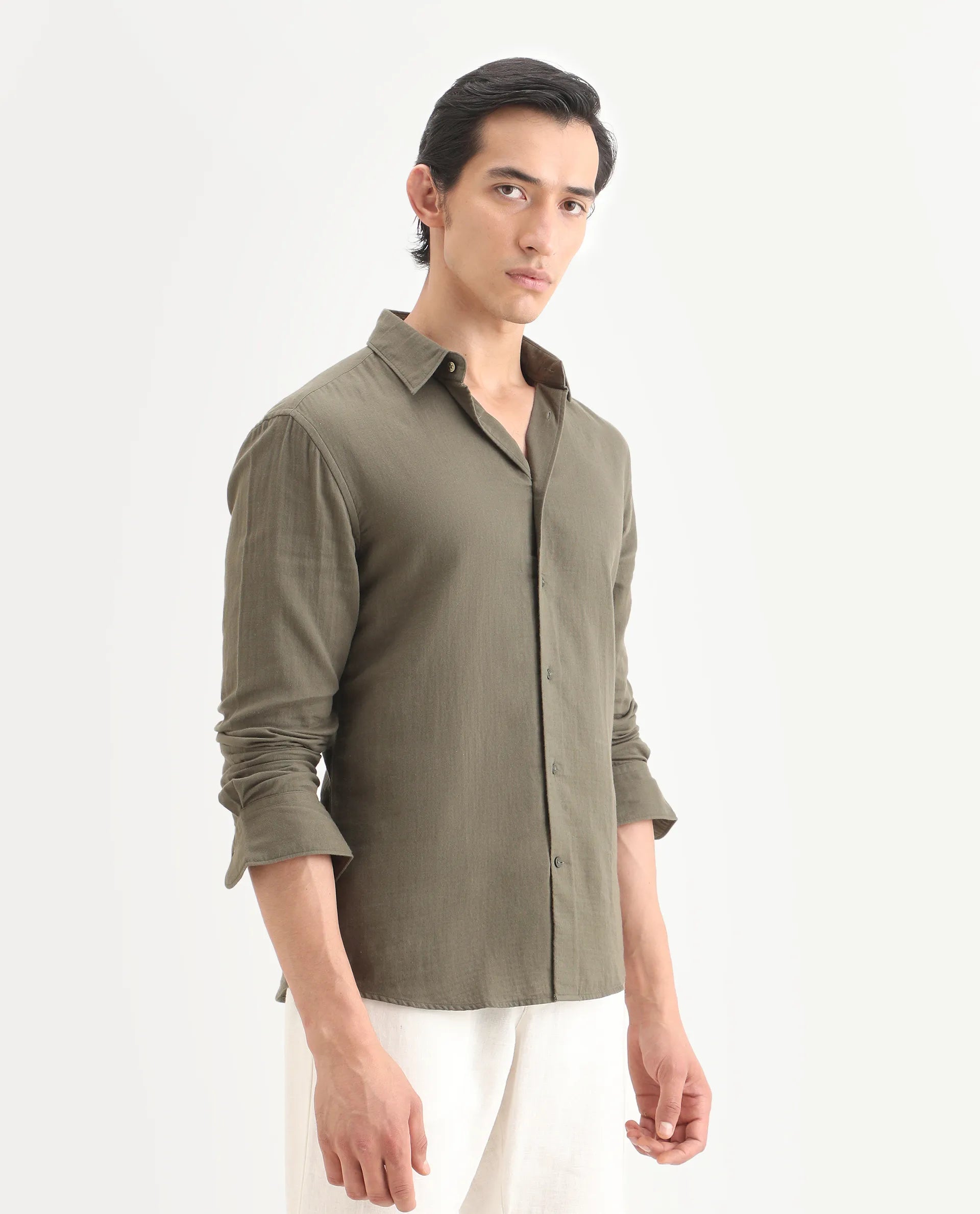 Rare Rabbit Men's Layerr-Ls Olive Cotton Plain Regular Fit Full Sleeve Collared Shirt
