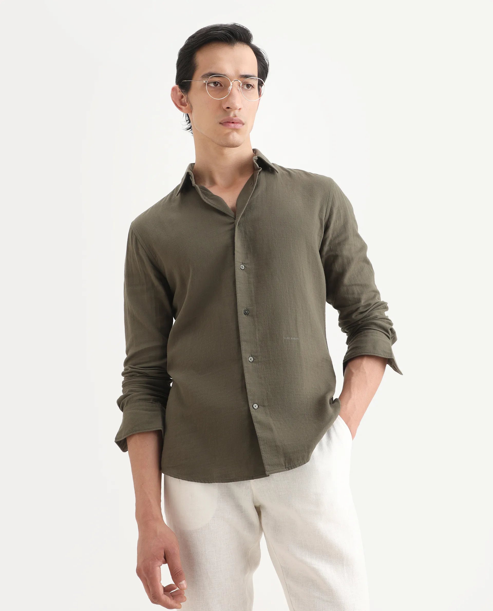 Rare Rabbit Men's Layerr-Ls Olive Cotton Plain Regular Fit Full Sleeve Collared Shirt