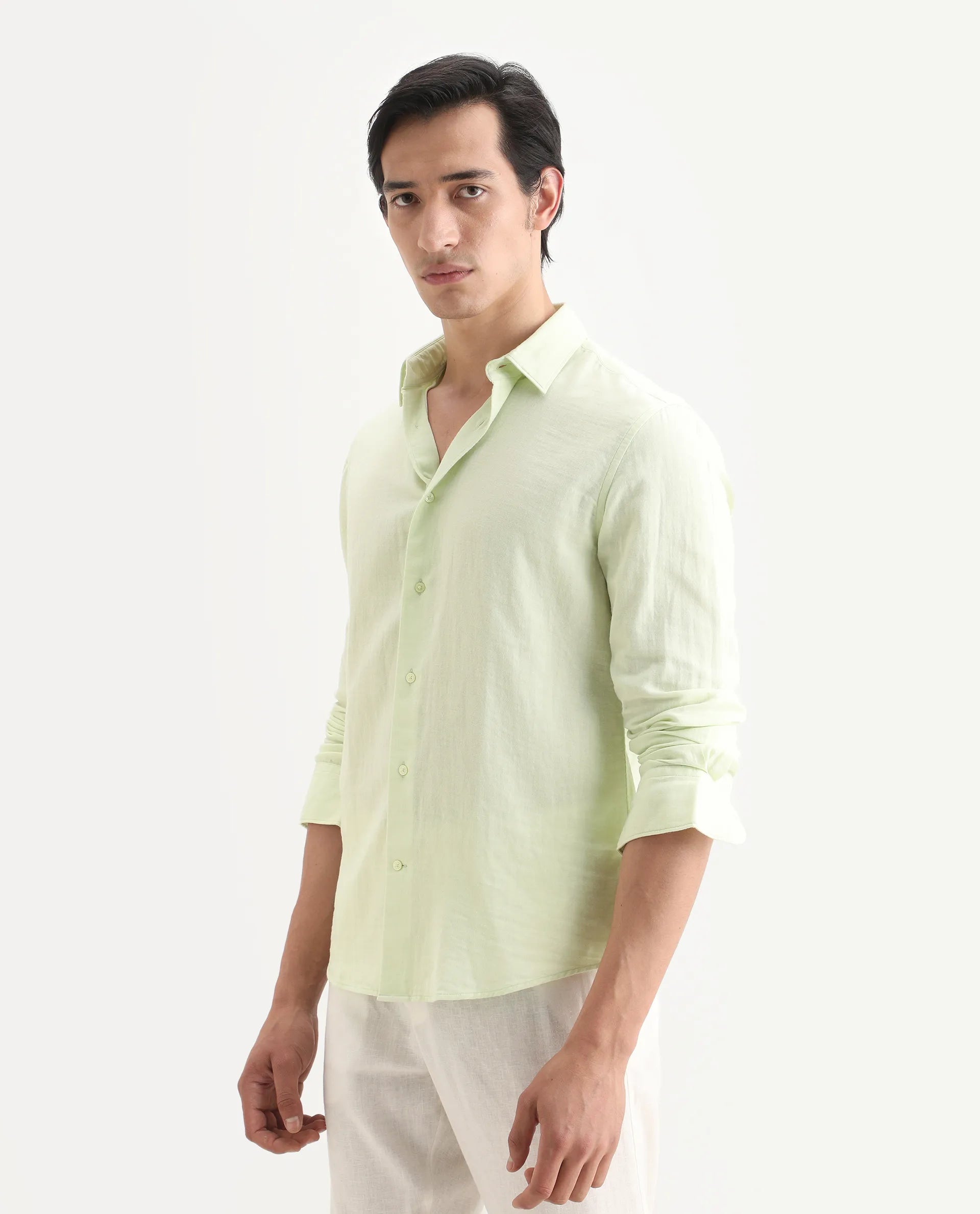 Rare Rabbit Men's Layerr-Ls Dusky Green Cotton Fabric Full Sleeve Spread Collar Regular Fit Plain Shirt