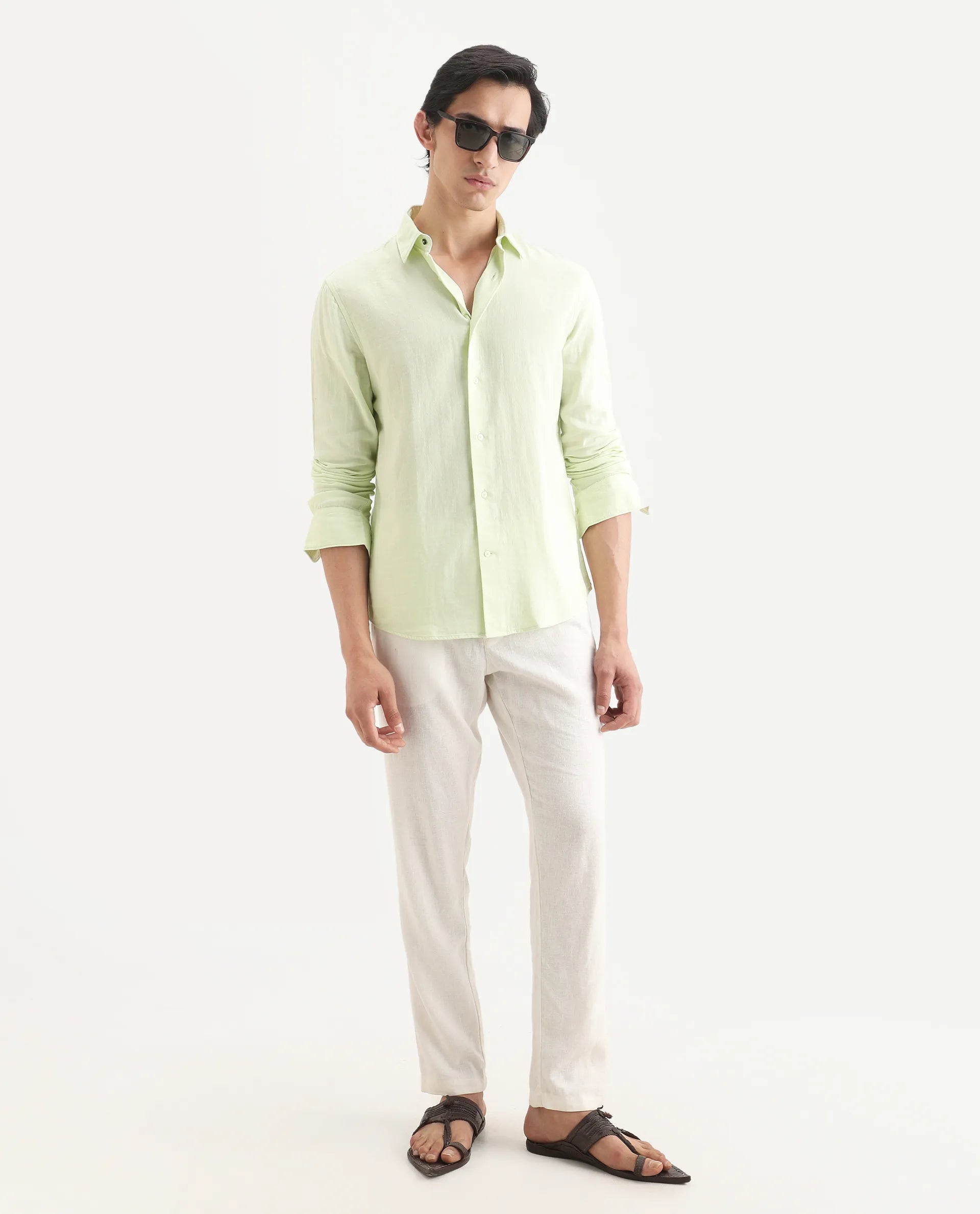 Rare Rabbit Men's Layerr-Ls Dusky Green Cotton Fabric Full Sleeve Spread Collar Regular Fit Plain Shirt